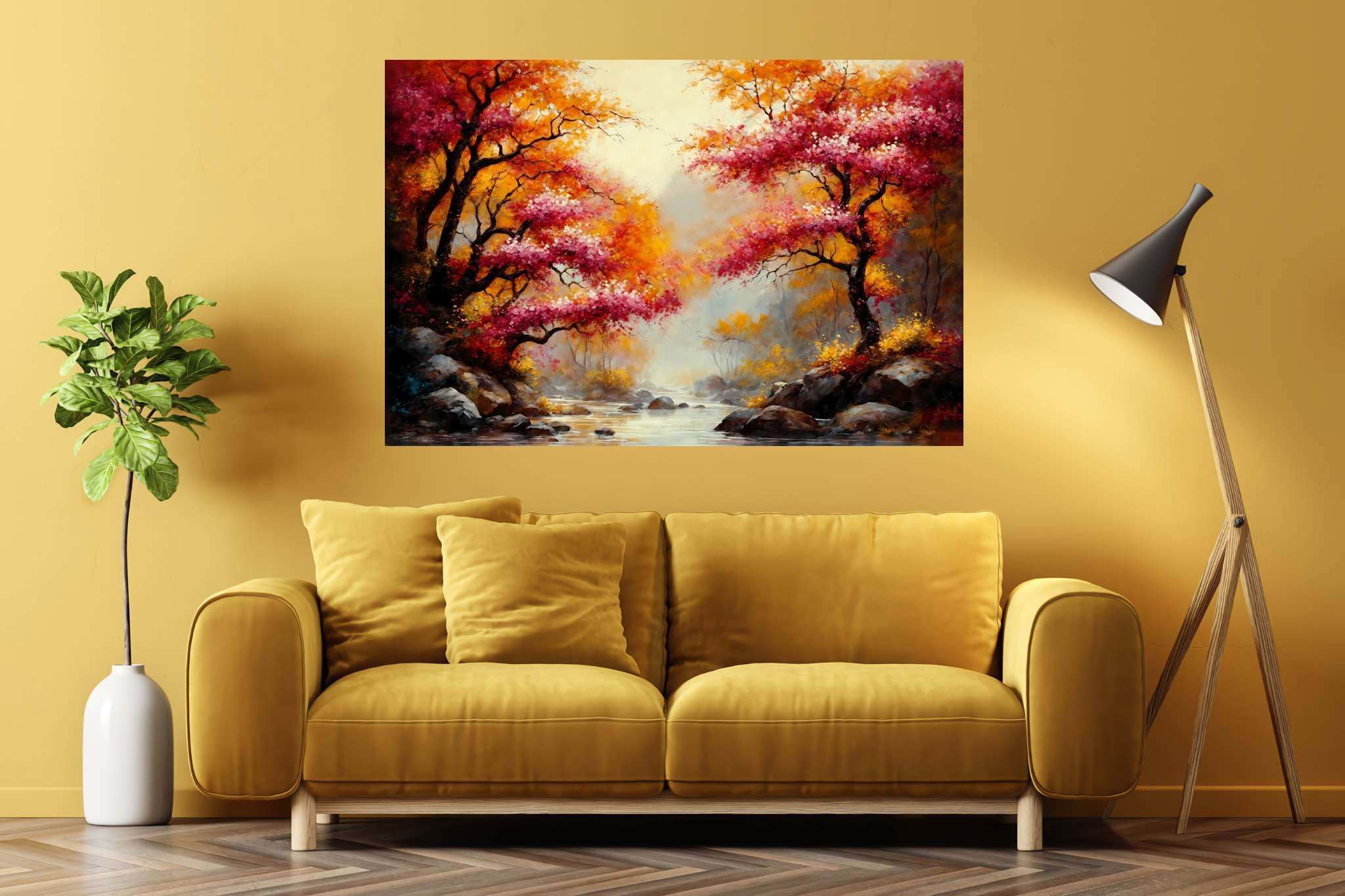 Autumn reverie passage: Autumn landscape art with impressionistic fall landscapes, in a room with innovative layout, photographic wall art, and elegant home goods. The art can be printed on poster, framed poster, canvas, metal, acrylic or wood, exclusively at WallArtZen. Find this exact print at https://wallartzen.com/waz1