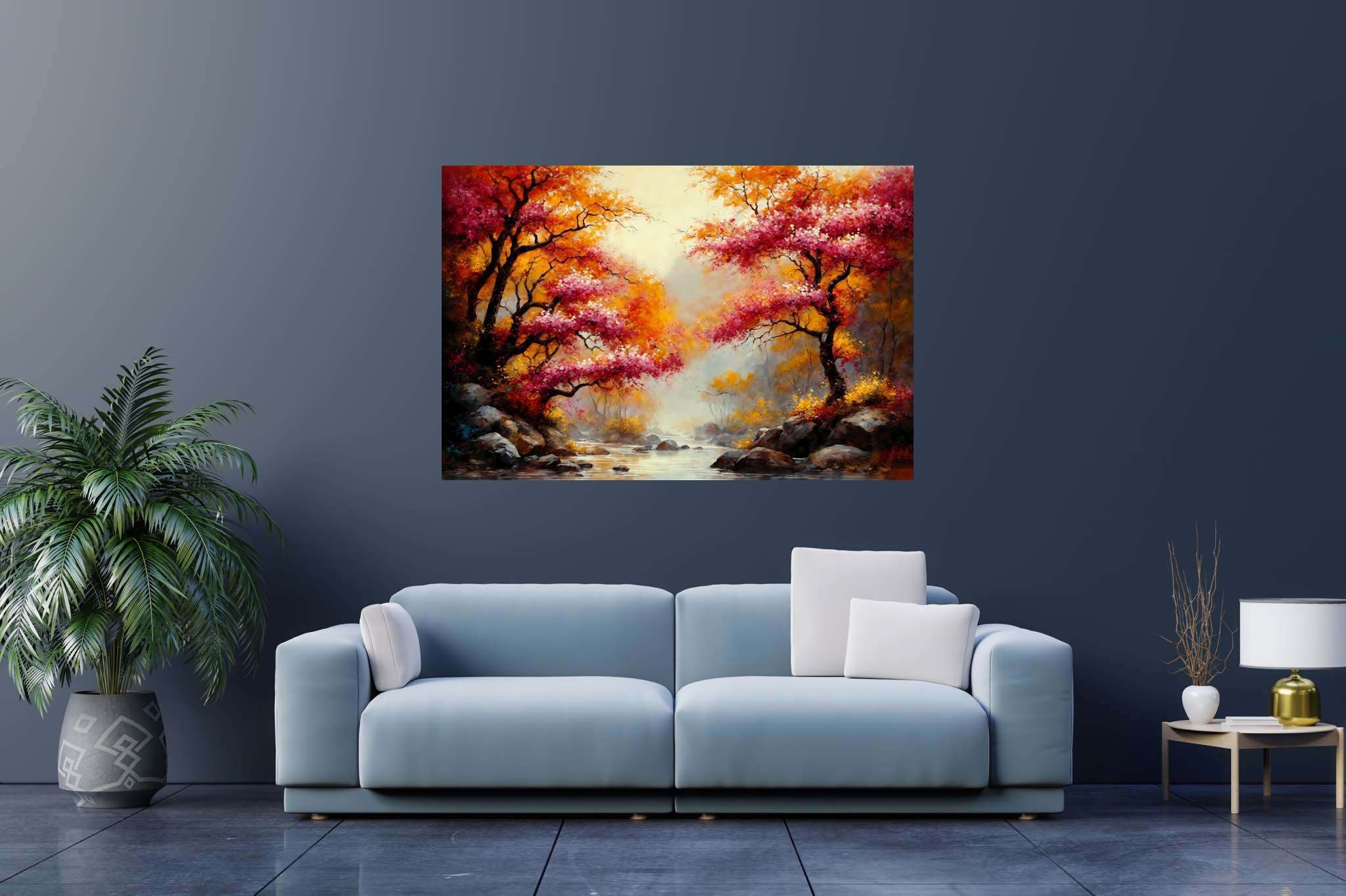 Autumn reverie passage: Autumn landscape art with colorful seasonal art, in a room with classic elegance, fine art prints, and stylish accessories. The art can be printed on poster, framed poster, canvas, metal, acrylic or wood, exclusively at WallArtZen. Find this exact print at https://wallartzen.com/waz1