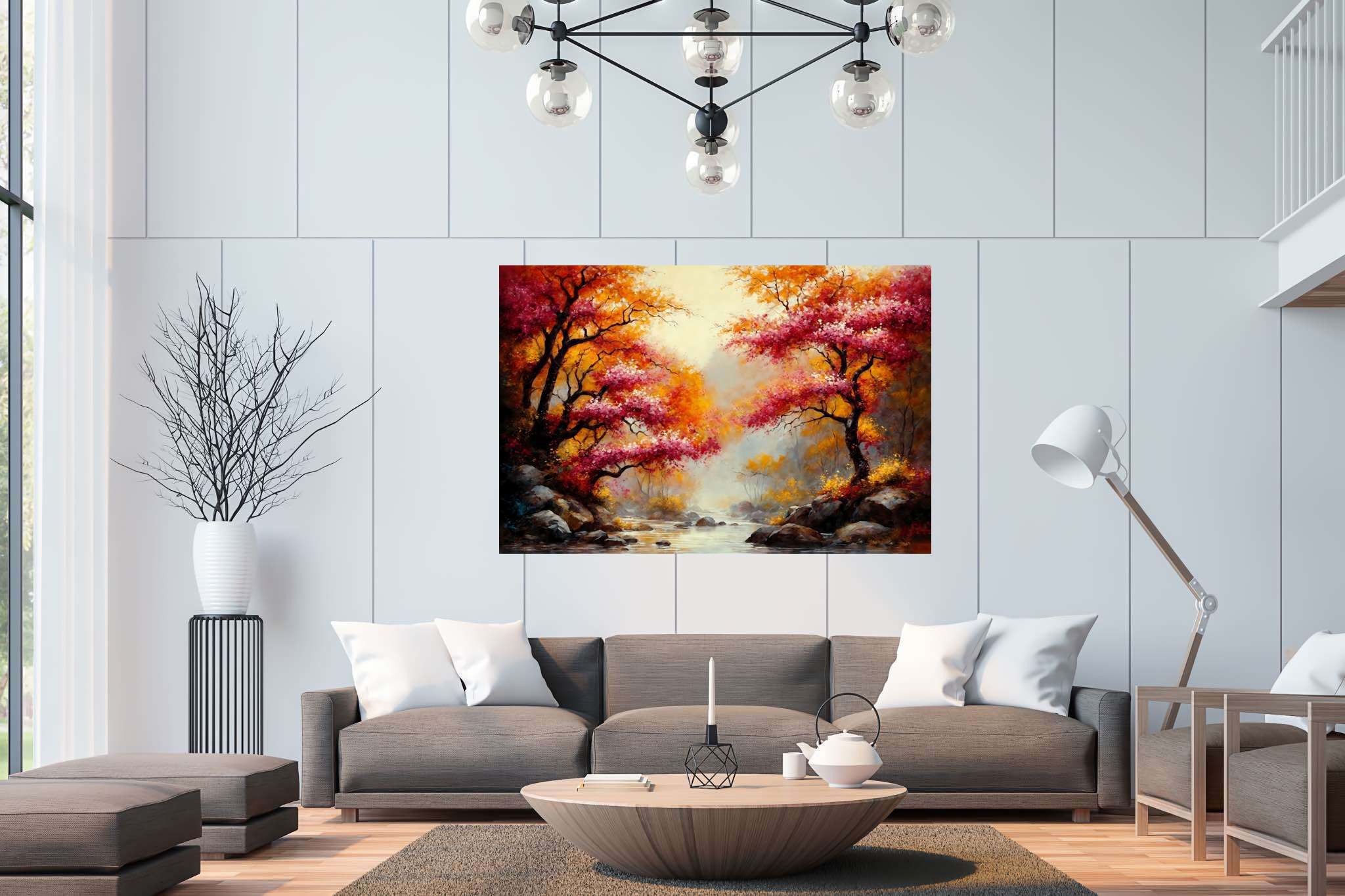 Autumn reverie passage: Autumn landscape art with serene landscape paintings, in a room with modern style, abstract paintings, and luxe decor. The art can be printed on poster, framed poster, canvas, metal, acrylic or wood, exclusively at WallArtZen. Find this exact print at https://wallartzen.com/waz1