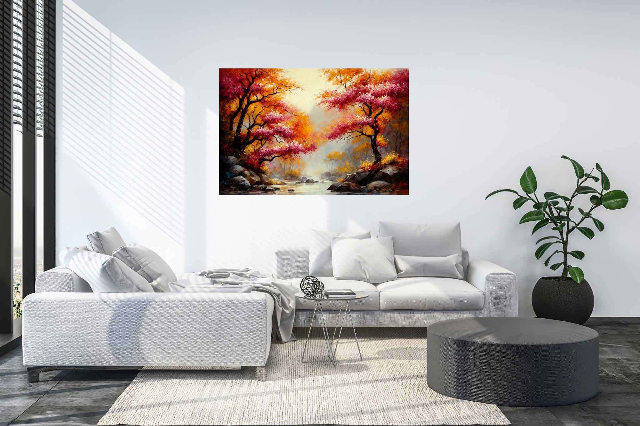 Autumn reverie passage: Autumn landscape art with abstract autumn landscapes, in a room with classic elegance, abstract paintings, and designer furniture. The art can be printed on poster, framed poster, canvas, metal, acrylic or wood, exclusively at WallArtZen. Find this exact print at https://wallartzen.com/waz1