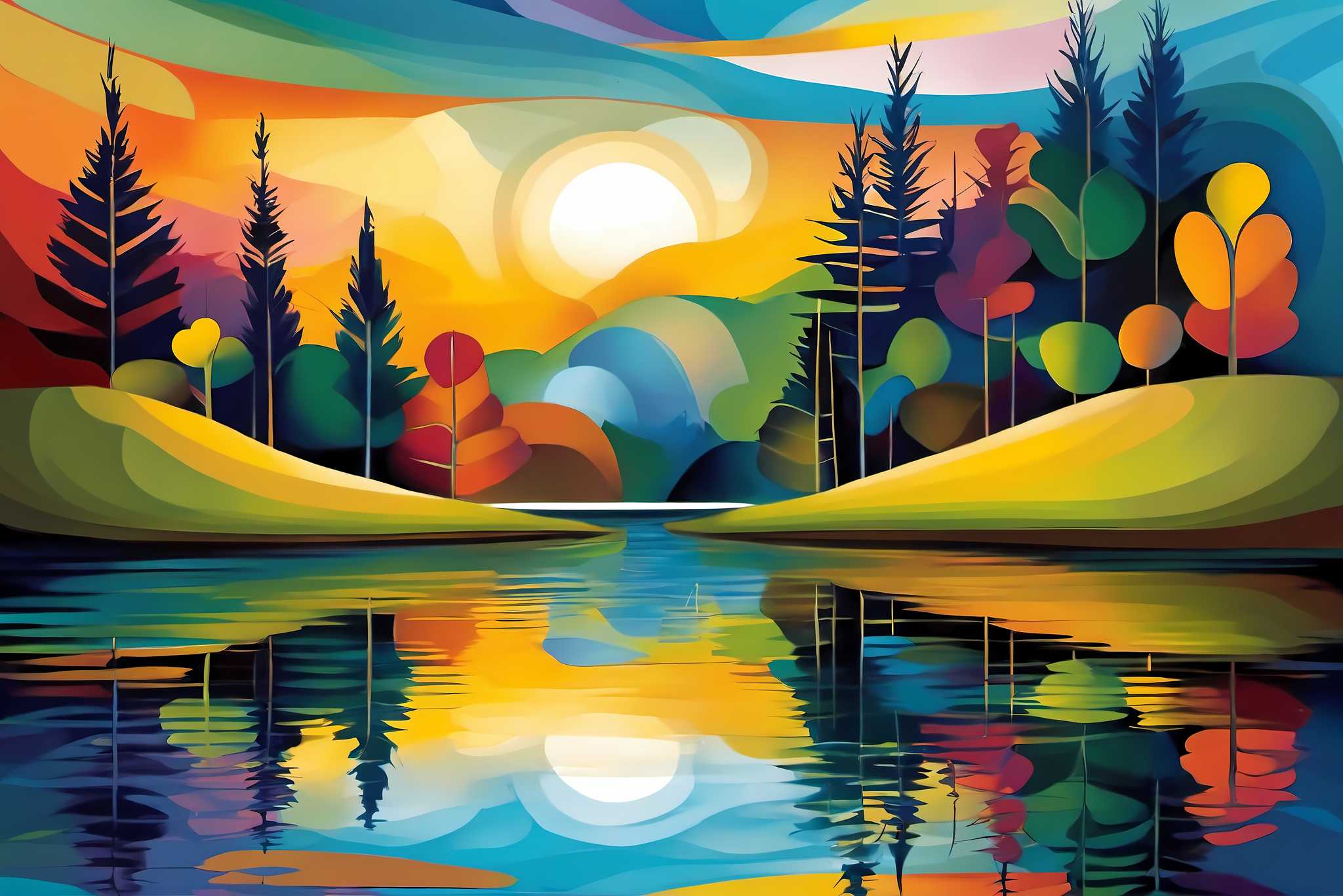 Sunlit serenity path: Vibrant landscape art with vibrant landscape photography, in a room with artistic style, abstract paintings, and elegant home goods. The art can be printed on poster, framed poster, canvas, metal, acrylic or wood, exclusively at WallArtZen. Find this exact print at https://wallartzen.com/waz200