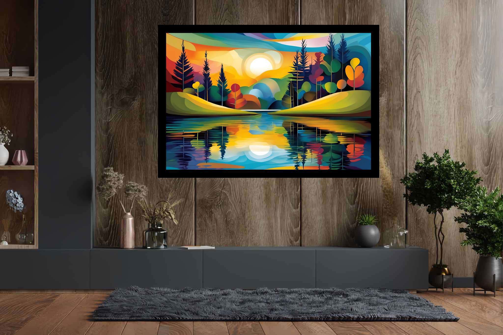 Sunlit serenity path: Vibrant landscape art with vibrant landscape oil paintings, in a room with classic elegance, wall art, and stylish accessories. The art can be printed on poster, framed poster, canvas, metal, acrylic or wood, exclusively at WallArtZen. Find this exact print at https://wallartzen.com/waz200
