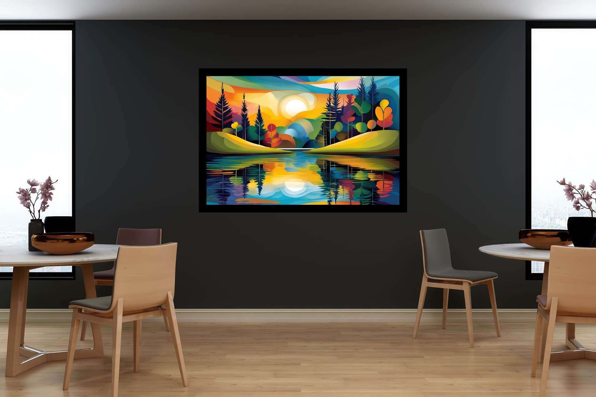 Sunlit serenity path: Vibrant landscape art with vibrant landscape illustrations, in a room with urban design, canvas prints, and artisan decor. The art can be printed on poster, framed poster, canvas, metal, acrylic or wood, exclusively at WallArtZen. Find this exact print at https://wallartzen.com/waz200