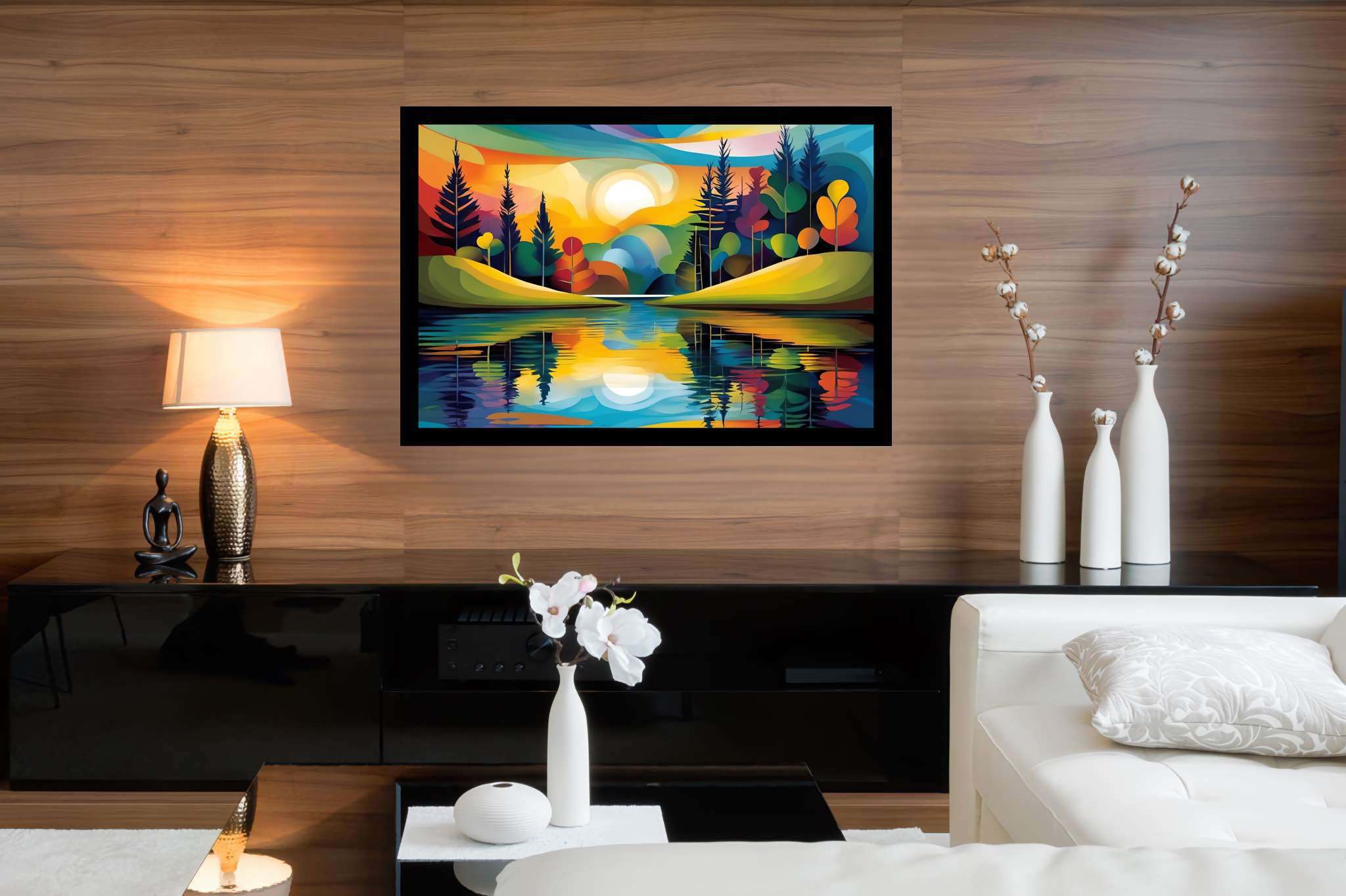 Sunlit serenity path: Vibrant landscape art with vibrant landscape art prints, in a room with innovative layout, digital art pieces, and artisan decor. The art can be printed on poster, framed poster, canvas, metal, acrylic or wood, exclusively at WallArtZen. Find this exact print at https://wallartzen.com/waz200