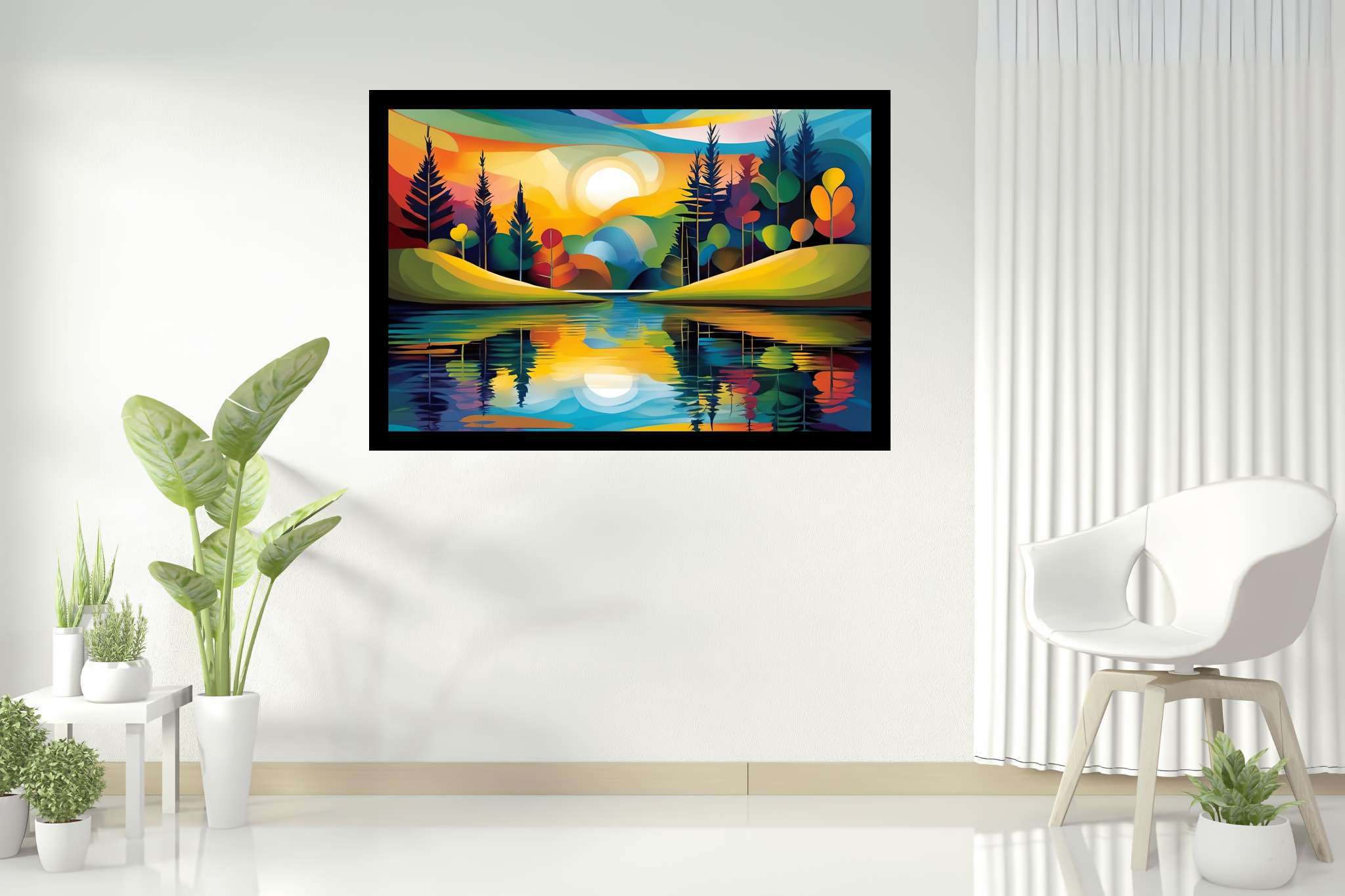 Sunlit serenity path: Vibrant landscape art with vibrant landscape wall art, in a room with classic elegance, abstract paintings, and stylish accessories. The art can be printed on poster, framed poster, canvas, metal, acrylic or wood, exclusively at WallArtZen. Find this exact print at https://wallartzen.com/waz200