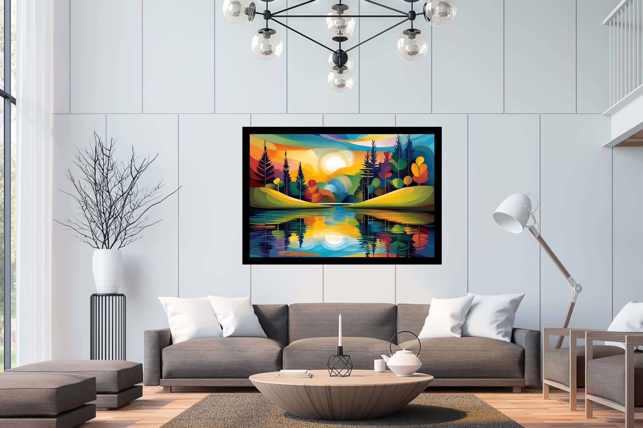 Sunlit serenity path: Vibrant landscape art with vibrant landscape artists, in a room with chic decor, framed art, and luxe decor. The art can be printed on poster, framed poster, canvas, metal, acrylic or wood, exclusively at WallArtZen. Find this exact print at https://wallartzen.com/waz200