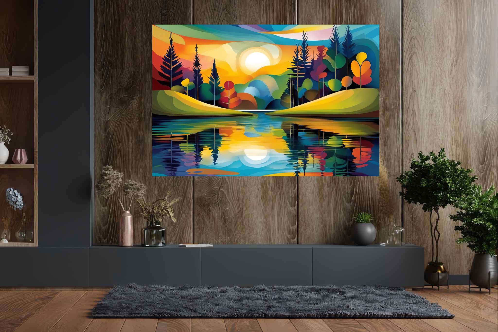 Sunlit serenity path: Vibrant landscape art with vibrant landscape canvas, in a room with contemporary flair, photographic wall art, and decorative pieces. The art can be printed on poster, framed poster, canvas, metal, acrylic or wood, exclusively at WallArtZen. Find this exact print at https://wallartzen.com/waz200