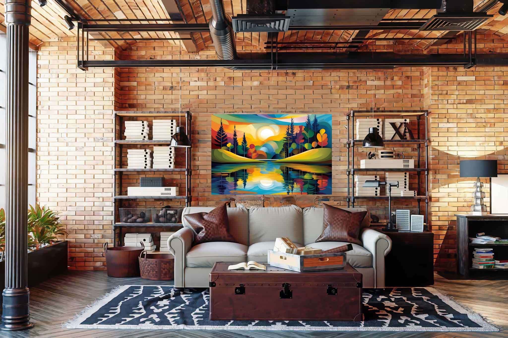 Sunlit serenity path: Vibrant landscape art with vibrant landscape art, in a room with contemporary flair, canvas prints, and home styling items. The art can be printed on poster, framed poster, canvas, metal, acrylic or wood, exclusively at WallArtZen. Find this exact print at https://wallartzen.com/waz200