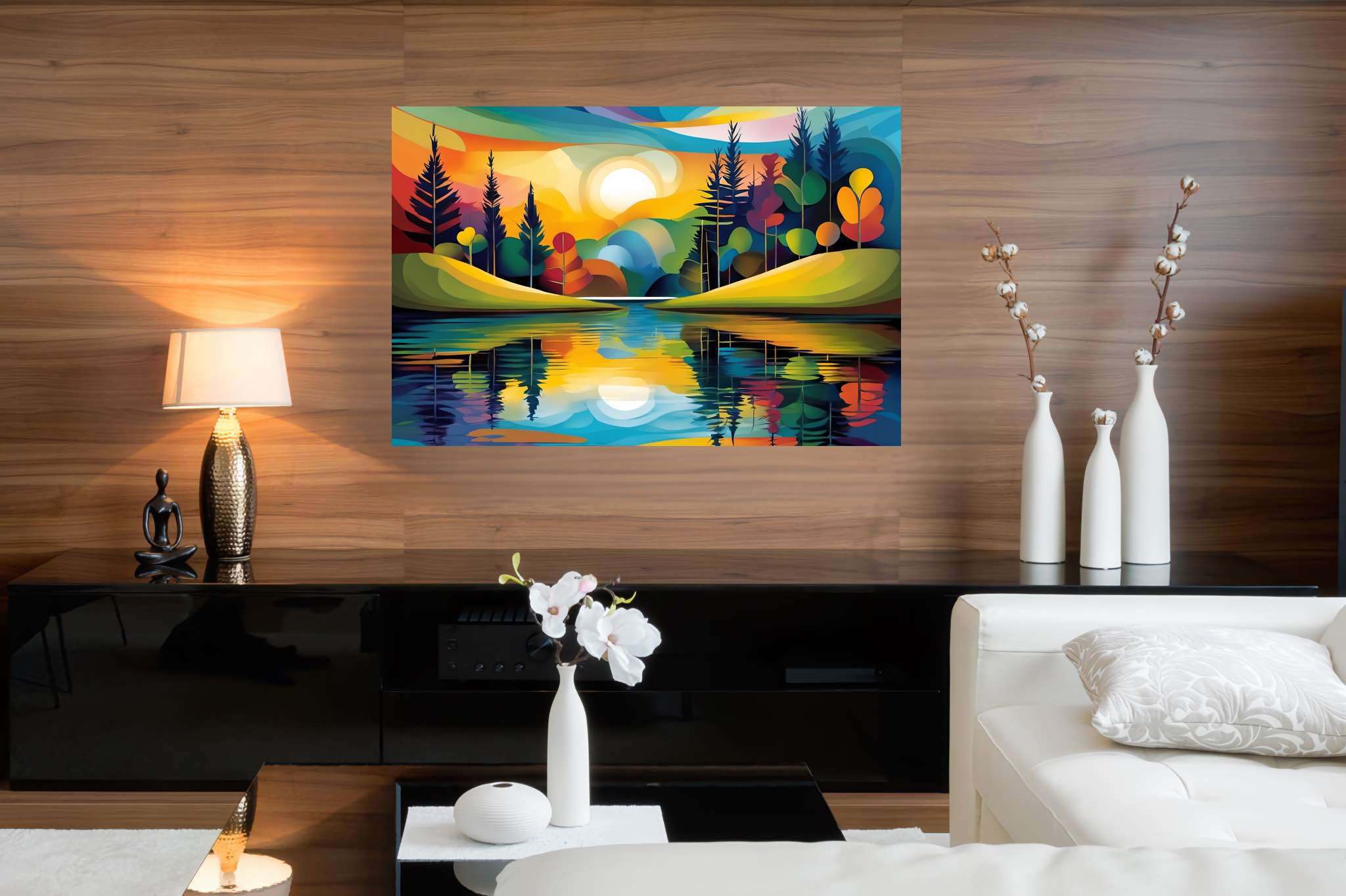 Sunlit serenity path: Vibrant landscape art with vibrant landscape illustrations, in a room with urban design, gallery-quality artwork, and decorative pieces. The art can be printed on poster, framed poster, canvas, metal, acrylic or wood, exclusively at WallArtZen. Find this exact print at https://wallartzen.com/waz200