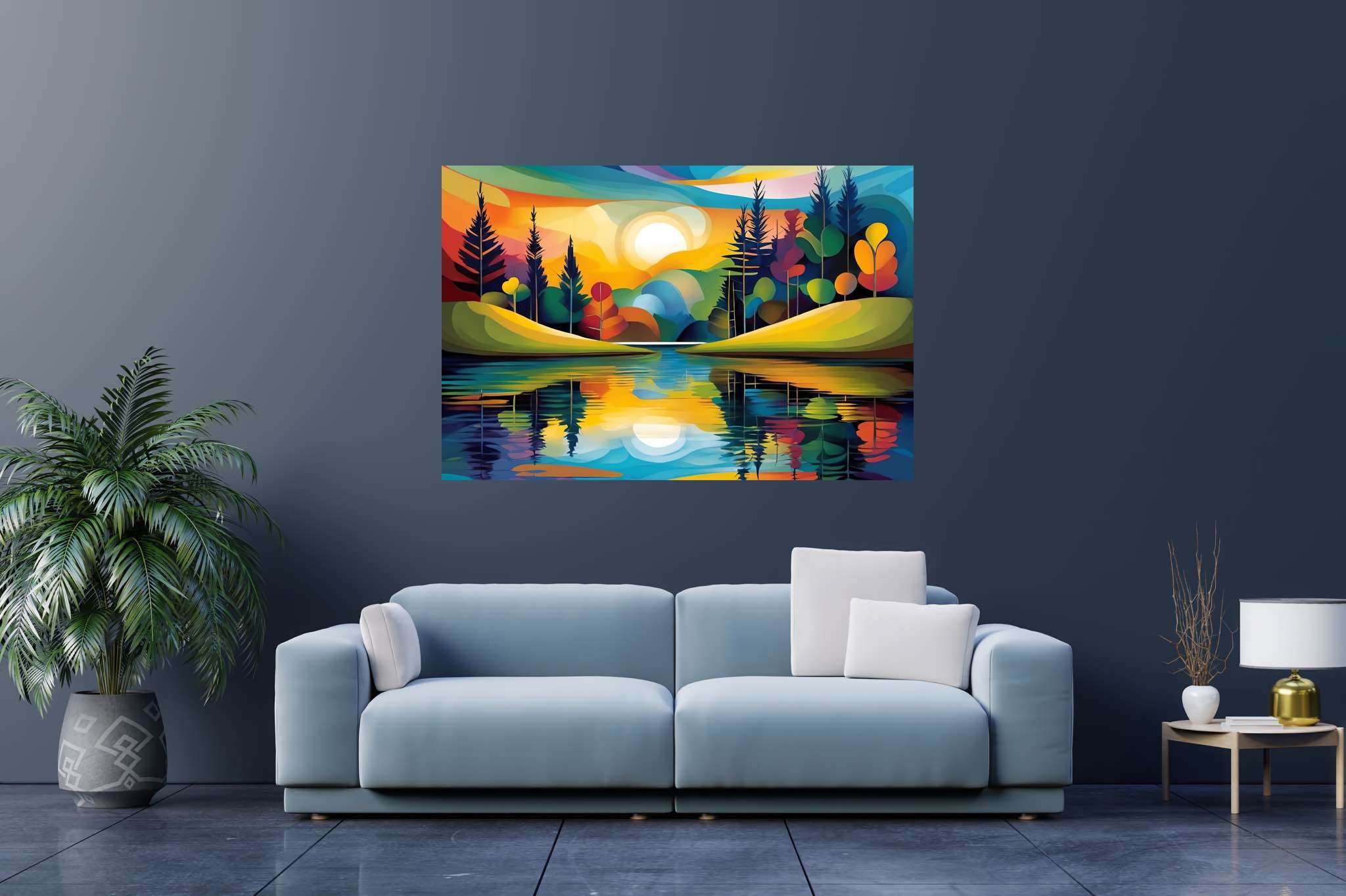 Sunlit serenity path: Vibrant landscape art with colorful scenery, in a room with contemporary flair, mural artworks, and stylish accessories. The art can be printed on poster, framed poster, canvas, metal, acrylic or wood, exclusively at WallArtZen. Find this exact print at https://wallartzen.com/waz200