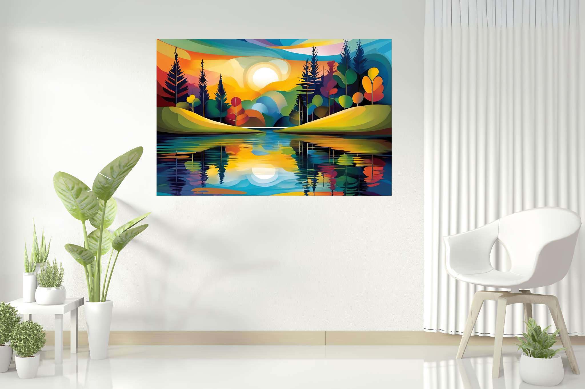 Sunlit serenity path: Vibrant landscape art with vibrant landscape photography, in a room with innovative layout, photographic wall art, and trendy home accents. The art can be printed on poster, framed poster, canvas, metal, acrylic or wood, exclusively at WallArtZen. Find this exact print at https://wallartzen.com/waz200
