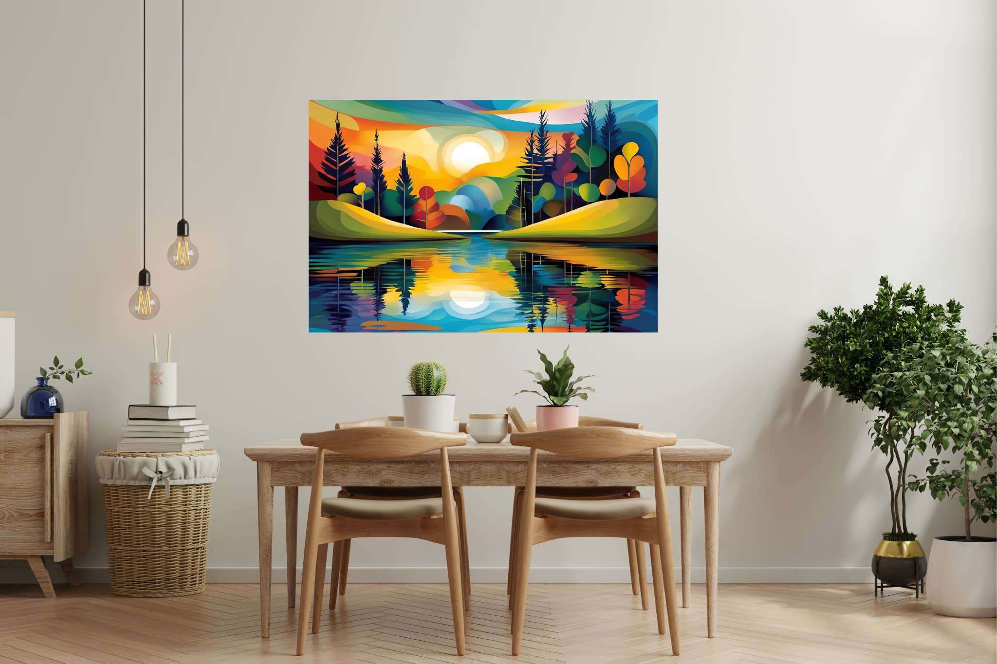 Sunlit serenity path: Vibrant landscape art with colorful scenery, in a room with great design, digital art pieces, and home styling items. The art can be printed on poster, framed poster, canvas, metal, acrylic or wood, exclusively at WallArtZen. Find this exact print at https://wallartzen.com/waz200