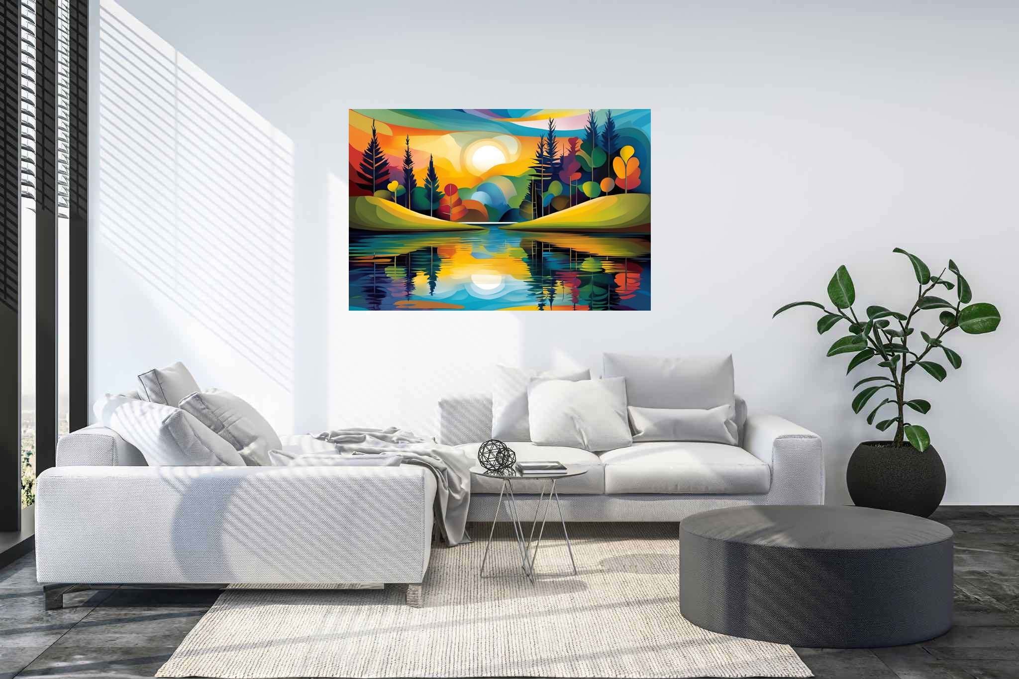 Sunlit serenity path: Vibrant landscape art with vibrant landscape abstract, in a room with modern style, canvas prints, and elegant home goods. The art can be printed on poster, framed poster, canvas, metal, acrylic or wood, exclusively at WallArtZen. Find this exact print at https://wallartzen.com/waz200