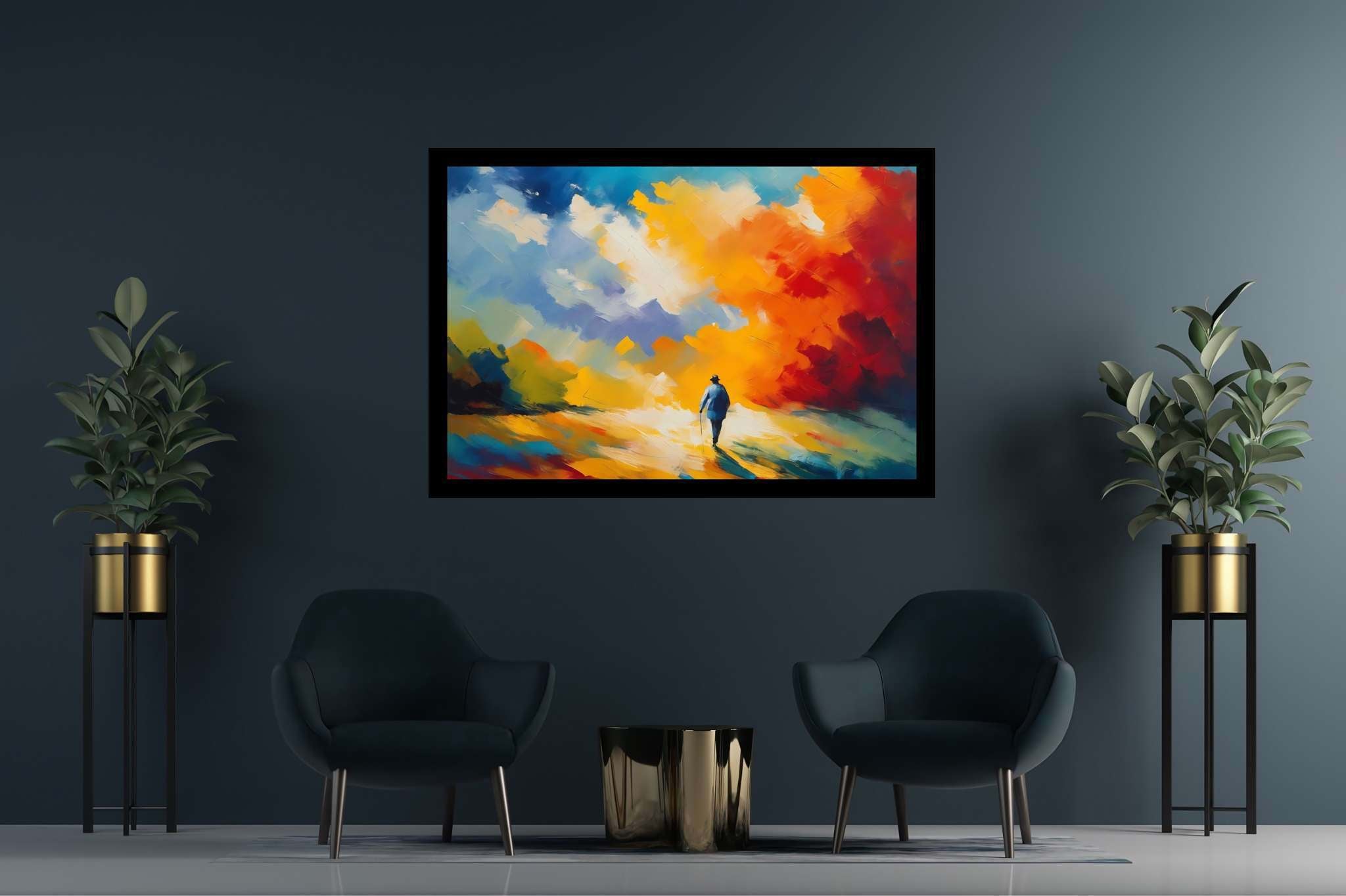 Dreamscape cantata: Surreal art with metaphysical, in a room with innovative layout, abstract paintings, and stylish accessories. The art can be printed on poster, framed poster, canvas, metal, acrylic or wood, exclusively at WallArtZen. Find this exact print at https://wallartzen.com/waz201