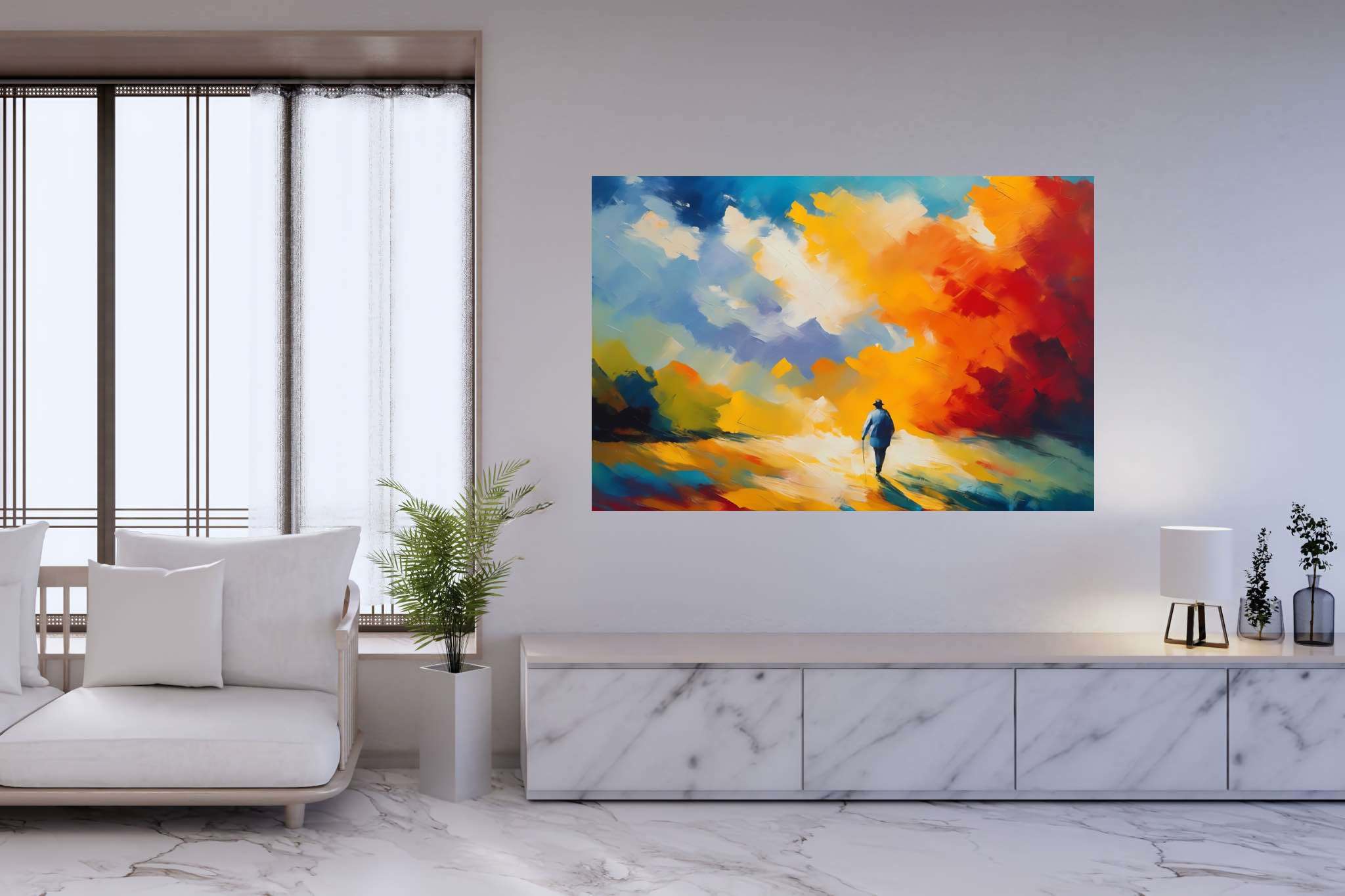 Dreamscape cantata: Surreal art with enigmatic, in a room with elegant layout, wall hangings, and decorative pieces. The art can be printed on poster, framed poster, canvas, metal, acrylic or wood, exclusively at WallArtZen. Find this exact print at https://wallartzen.com/waz201