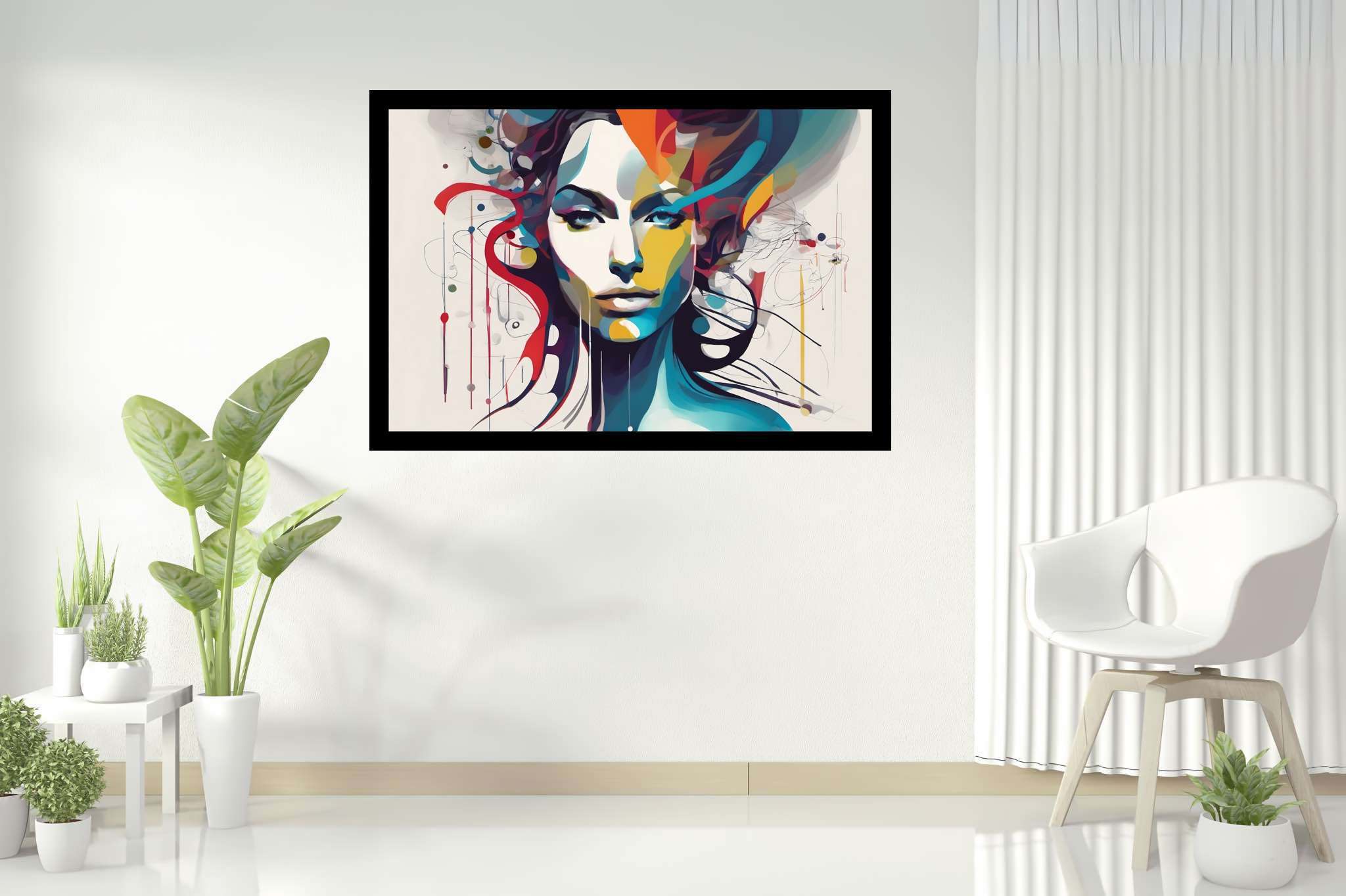 Dreamwoven visage: Surreal woman art with extraordinary girl sculptures, in a room with classic elegance, abstract paintings, and home styling items. The art can be printed on poster, framed poster, canvas, metal, acrylic or wood, exclusively at WallArtZen. Find this exact print at https://wallartzen.com/waz202