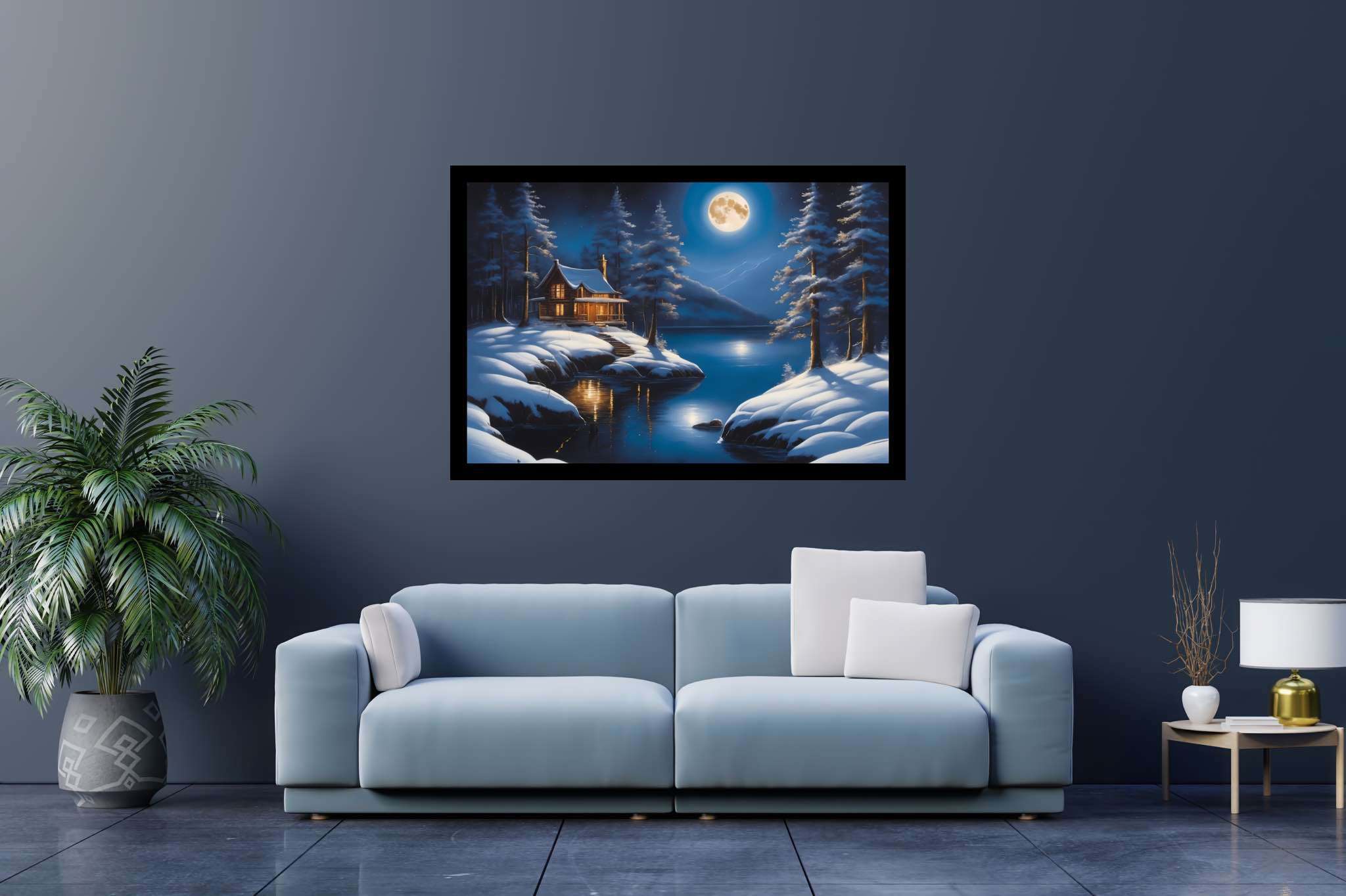 Moonlit serenity cove: Snowy landscape art with snowy landscapes, in a room with great design, wall hangings, and artisan decor. The art can be printed on poster, framed poster, canvas, metal, acrylic or wood, exclusively at WallArtZen. Find this exact print at https://wallartzen.com/waz203