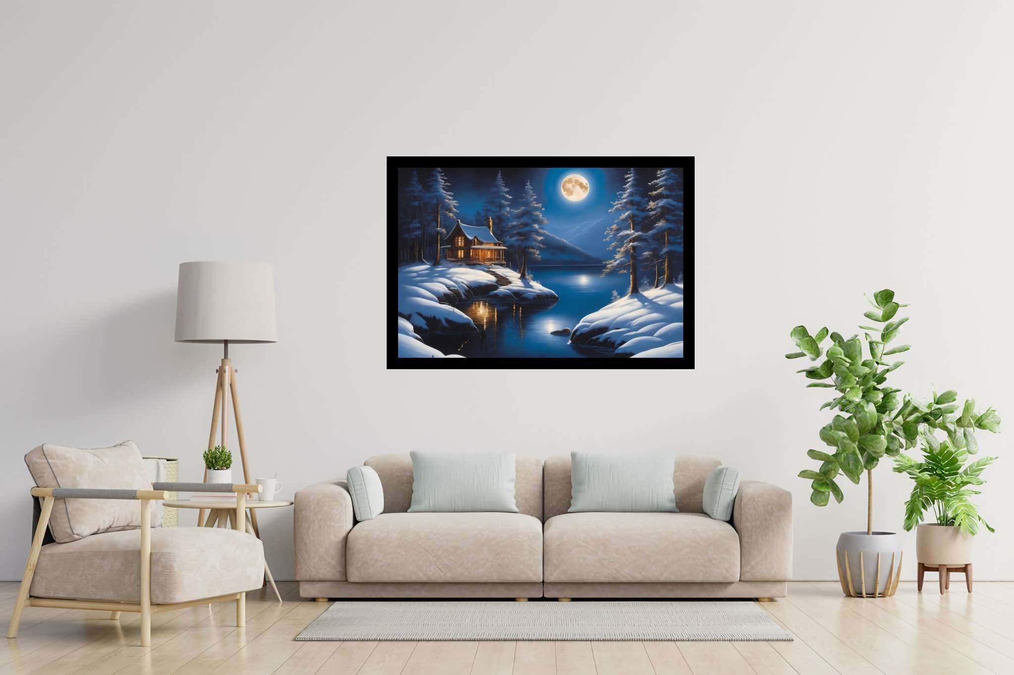 Moonlit serenity cove: Snowy landscape art with nature paintings, in a room with urban design, wall hangings, and interior decorations. The art can be printed on poster, framed poster, canvas, metal, acrylic or wood, exclusively at WallArtZen. Find this exact print at https://wallartzen.com/waz203