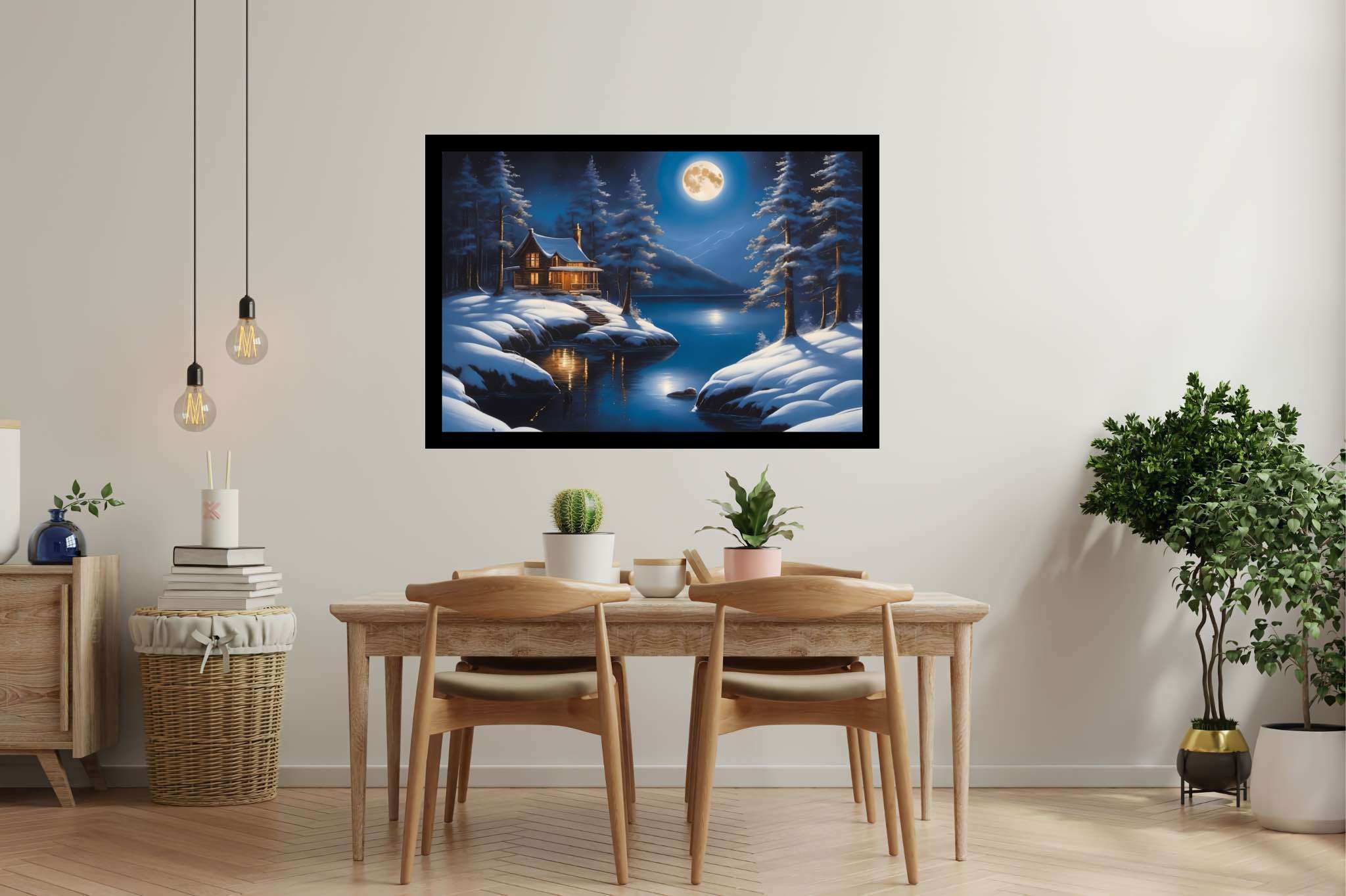 Moonlit serenity cove: Snowy landscape art with snowy mountains, in a room with chic decor, wall art, and stylish accessories. The art can be printed on poster, framed poster, canvas, metal, acrylic or wood, exclusively at WallArtZen. Find this exact print at https://wallartzen.com/waz203
