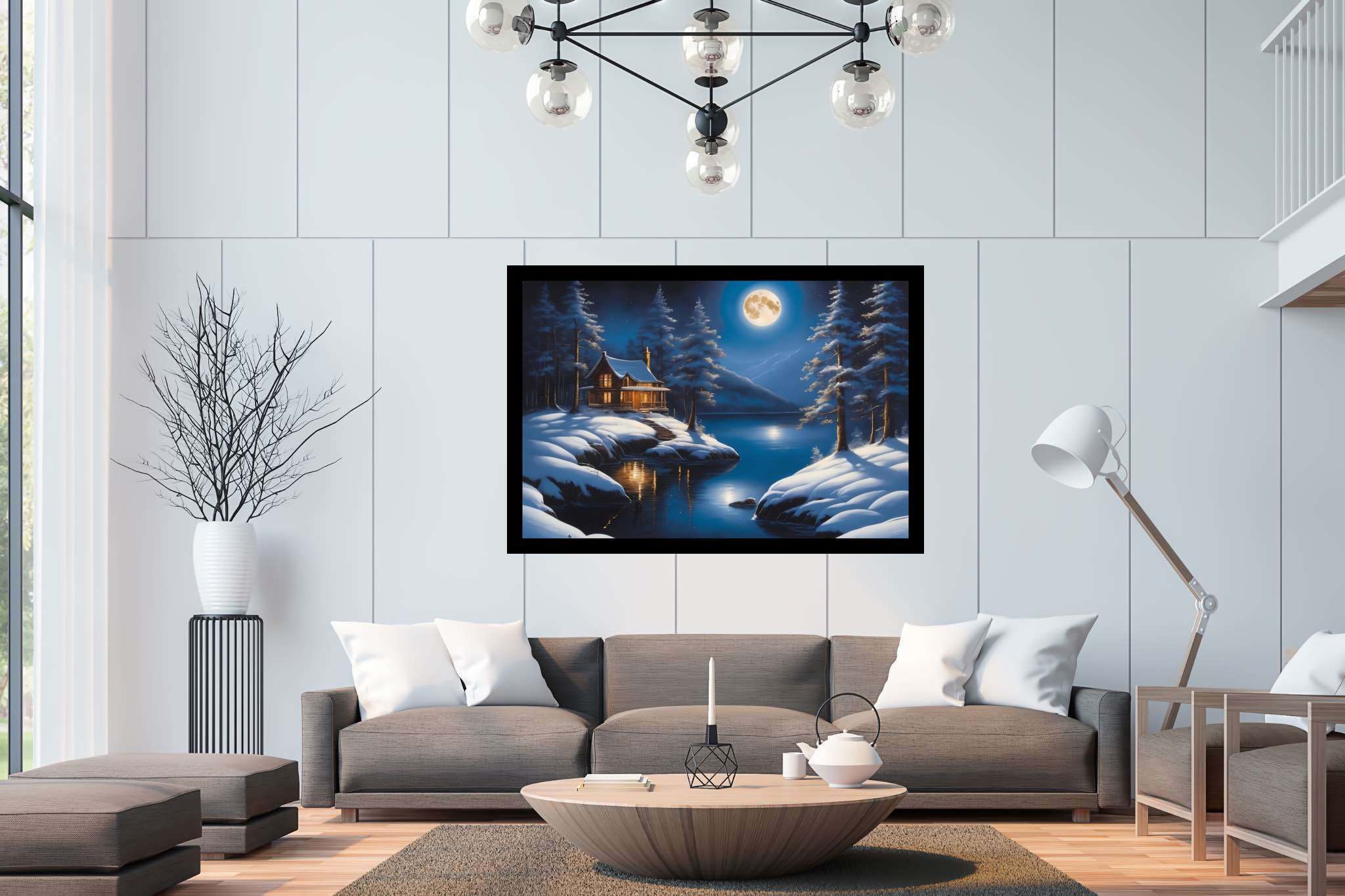 Moonlit serenity cove: Snowy landscape art with winter scenery, in a room with modern style, gallery-quality artwork, and elegant home goods. The art can be printed on poster, framed poster, canvas, metal, acrylic or wood, exclusively at WallArtZen. Find this exact print at https://wallartzen.com/waz203