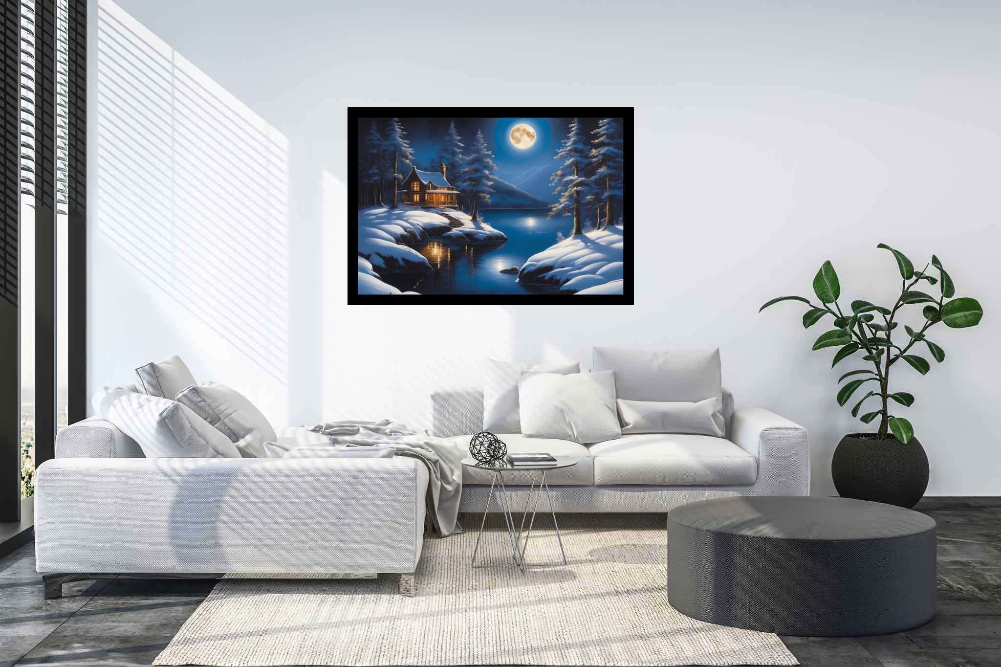 Moonlit serenity cove: Snowy landscape art with snowy landscape art, in a room with elegant layout, abstract paintings, and luxe decor. The art can be printed on poster, framed poster, canvas, metal, acrylic or wood, exclusively at WallArtZen. Find this exact print at https://wallartzen.com/waz203