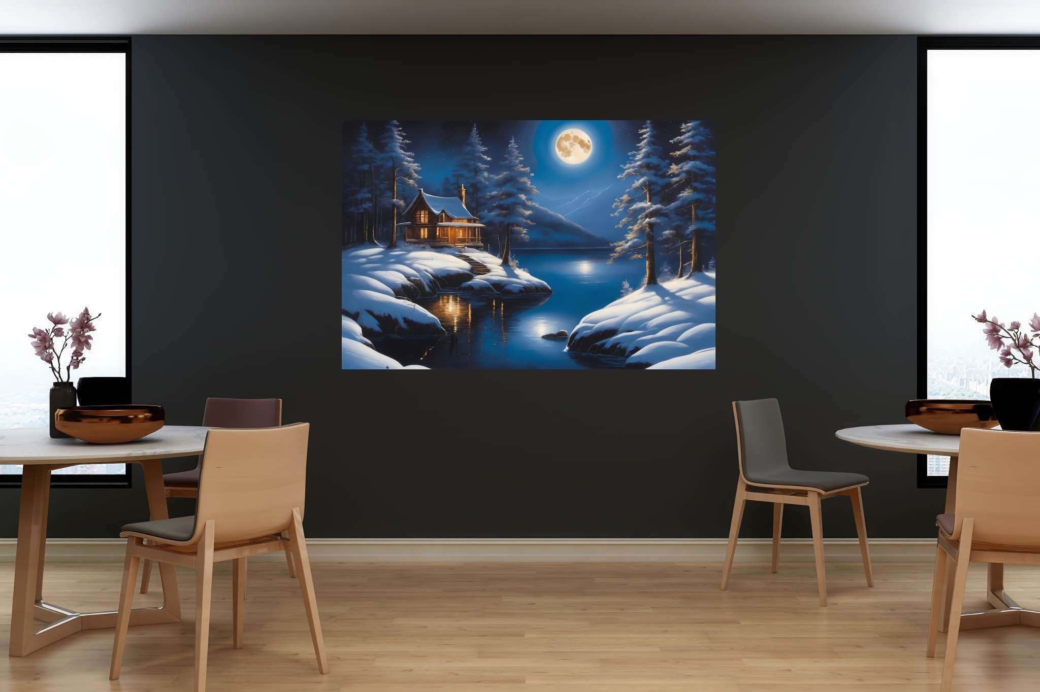 Moonlit serenity cove: Snowy landscape art with snowy landscapes, in a room with modern style, digital art pieces, and home styling items. The art can be printed on poster, framed poster, canvas, metal, acrylic or wood, exclusively at WallArtZen. Find this exact print at https://wallartzen.com/waz203