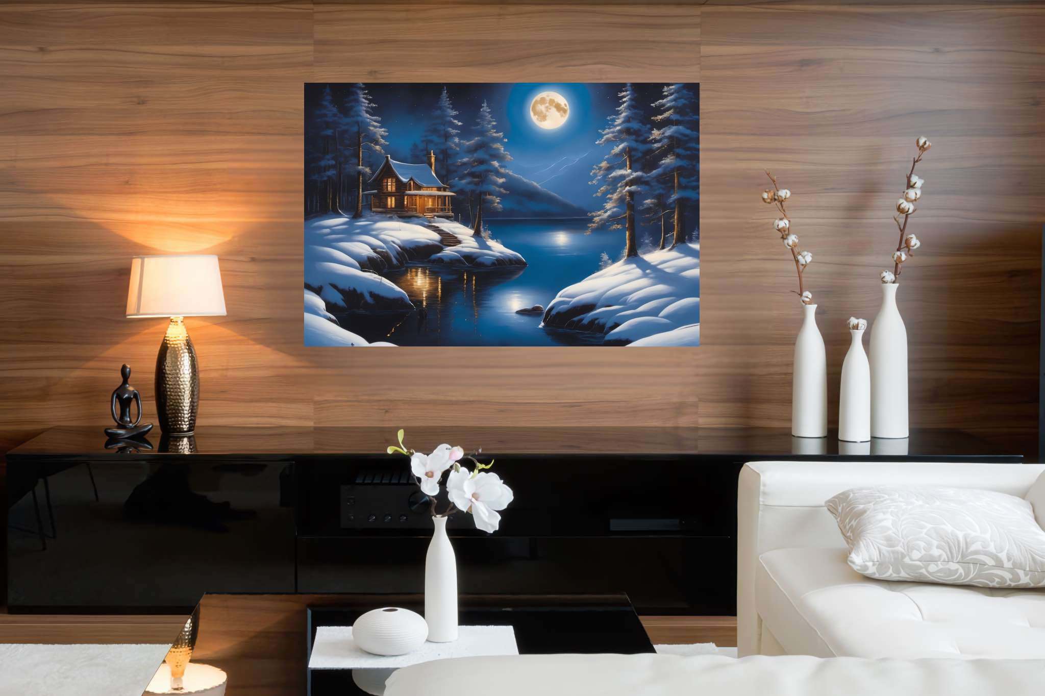 Moonlit serenity cove: Snowy landscape art with snowy trees, in a room with great design, fine art prints, and artisan decor. The art can be printed on poster, framed poster, canvas, metal, acrylic or wood, exclusively at WallArtZen. Find this exact print at https://wallartzen.com/waz203