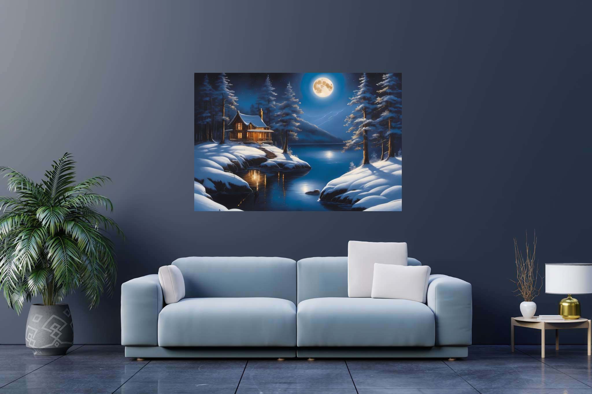 Moonlit serenity cove: Snowy landscape art with snow-covered scenery, in a room with innovative layout, wall art, and home styling items. The art can be printed on poster, framed poster, canvas, metal, acrylic or wood, exclusively at WallArtZen. Find this exact print at https://wallartzen.com/waz203