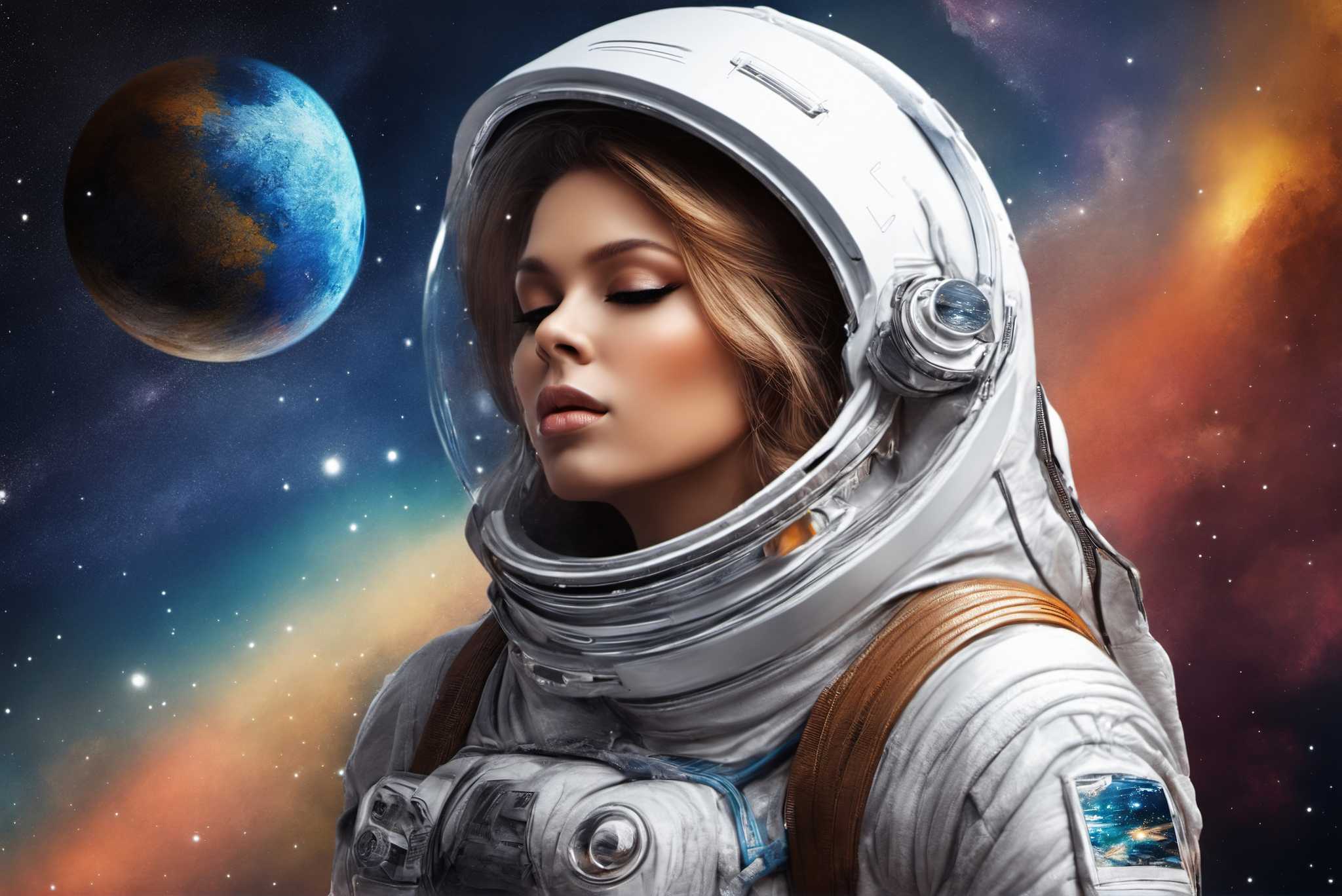 Dreambound voyager: Blonde astronaut art with astronautic creativity, in a room with artistic style, abstract paintings, and home furnishings. The art can be printed on poster, framed poster, canvas, metal, acrylic or wood, exclusively at WallArtZen. Find this exact print at https://wallartzen.com/waz204