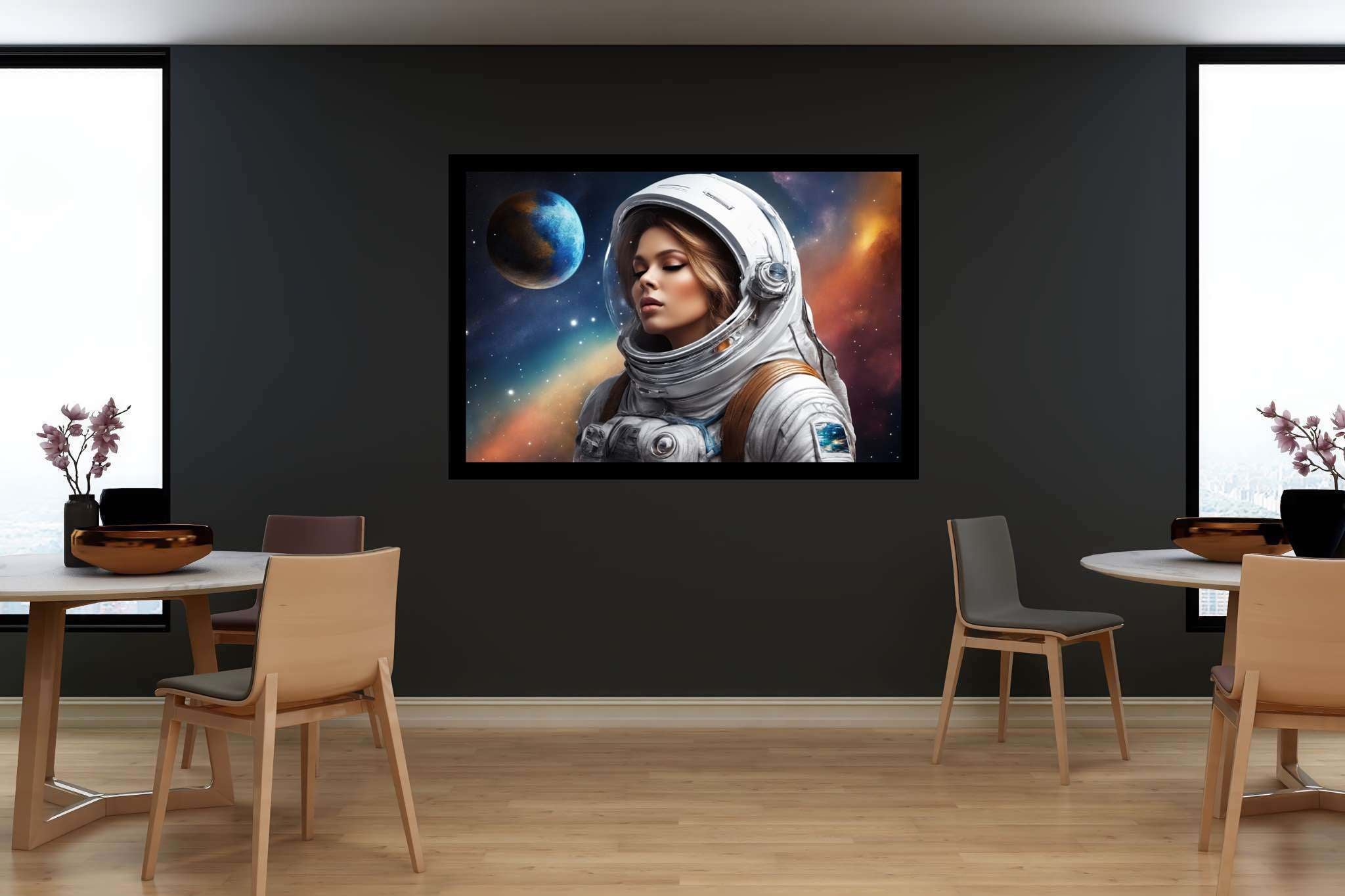 Dreambound voyager: Blonde astronaut art with interstellar imagination, in a room with modern style, mural artworks, and designer furniture. The art can be printed on poster, framed poster, canvas, metal, acrylic or wood, exclusively at WallArtZen. Find this exact print at https://wallartzen.com/waz204