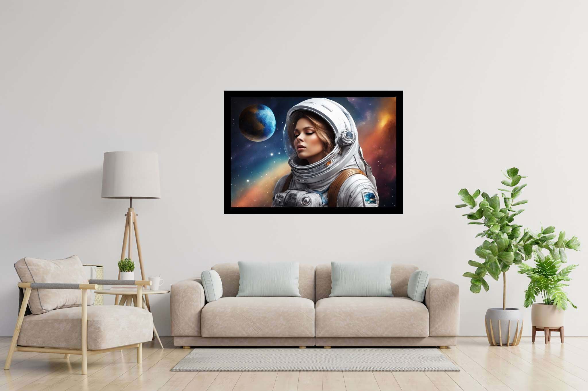 Dreambound voyager: Blonde astronaut art with celestial aesthetics, in a room with contemporary flair, fine art prints, and luxe decor. The art can be printed on poster, framed poster, canvas, metal, acrylic or wood, exclusively at WallArtZen. Find this exact print at https://wallartzen.com/waz204