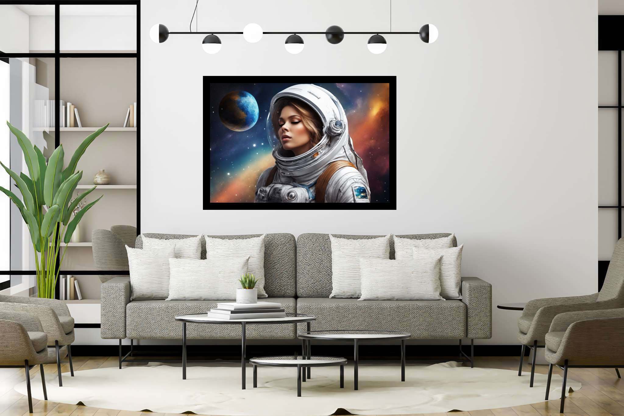 Dreambound voyager: Blonde astronaut art with astronautic creativity, in a room with innovative layout, abstract paintings, and home furnishings. The art can be printed on poster, framed poster, canvas, metal, acrylic or wood, exclusively at WallArtZen. Find this exact print at https://wallartzen.com/waz204