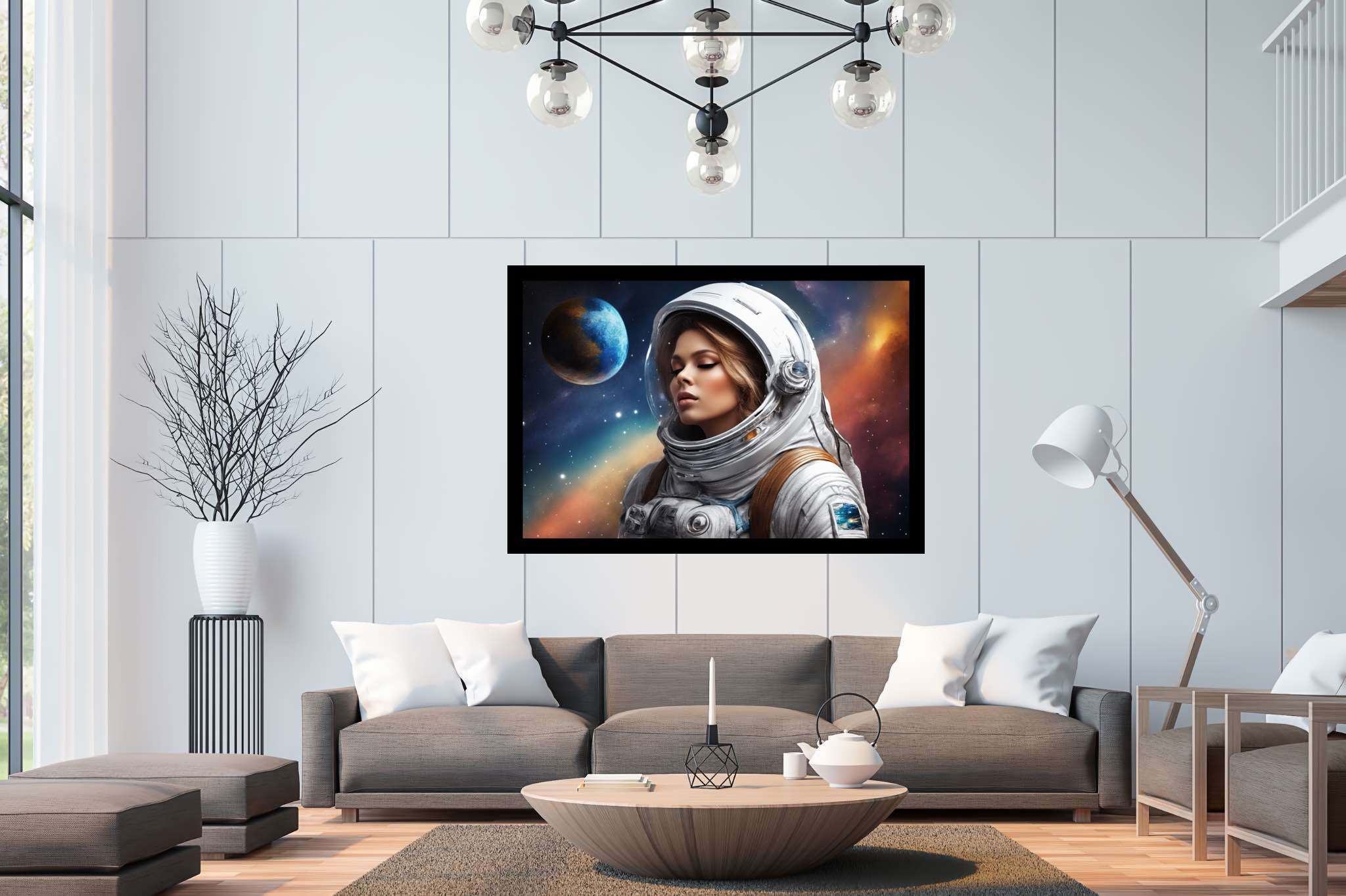 Dreambound voyager: Blonde astronaut art with astronautic creativity, in a room with minimalist approach, framed art, and stylish accessories. The art can be printed on poster, framed poster, canvas, metal, acrylic or wood, exclusively at WallArtZen. Find this exact print at https://wallartzen.com/waz204