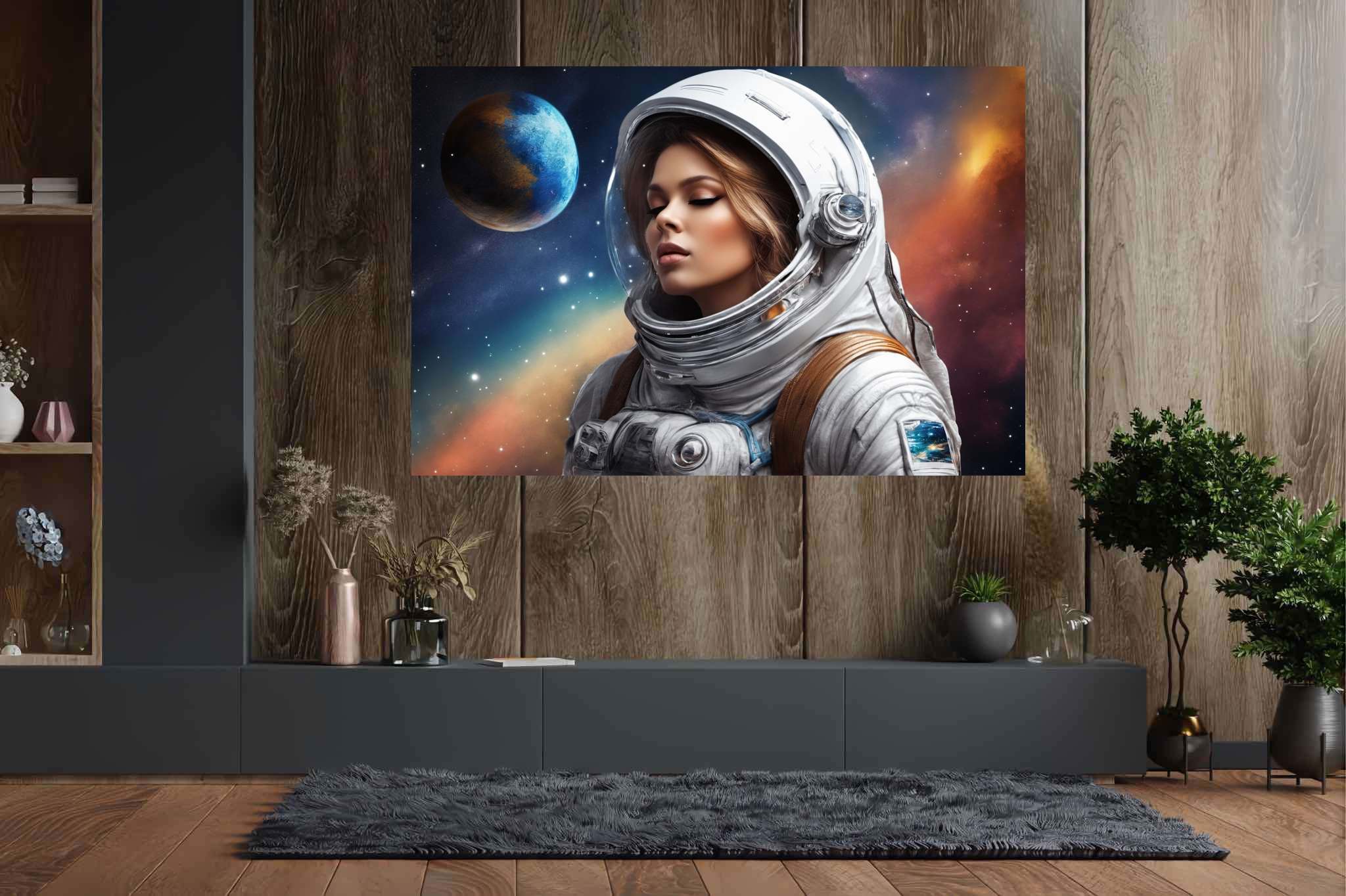 Dreambound voyager: Blonde astronaut art with celestial dreams, in a room with minimalist approach, gallery-quality artwork, and decorative pieces. The art can be printed on poster, framed poster, canvas, metal, acrylic or wood, exclusively at WallArtZen. Find this exact print at https://wallartzen.com/waz204