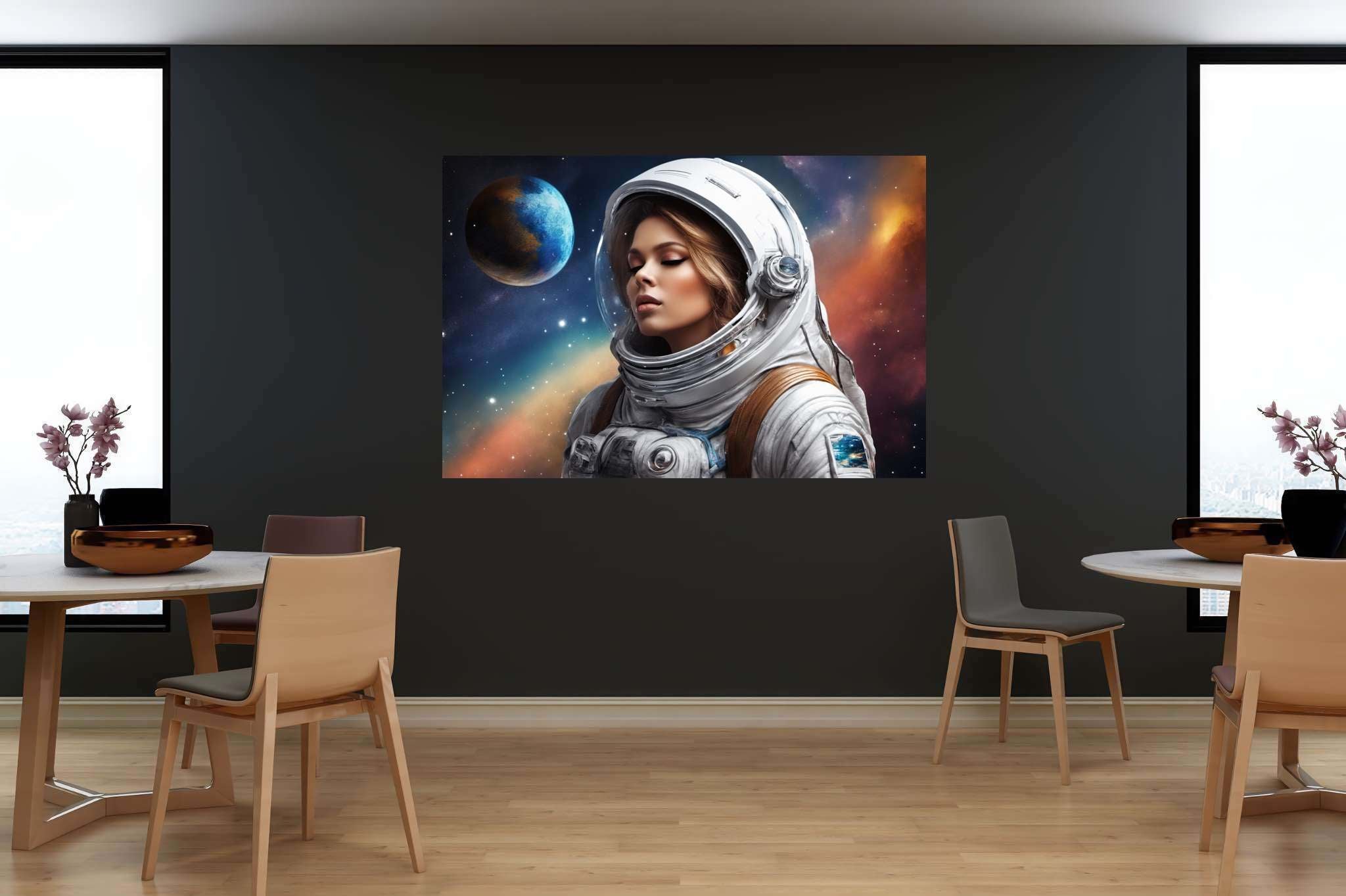 Dreambound voyager: Blonde astronaut art with blonde astronaut art, in a room with contemporary flair, photographic wall art, and designer furniture. The art can be printed on poster, framed poster, canvas, metal, acrylic or wood, exclusively at WallArtZen. Find this exact print at https://wallartzen.com/waz204