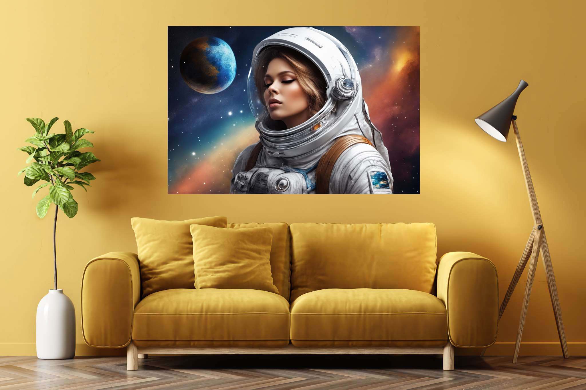 Dreambound voyager: Blonde astronaut art with futuristic illustrations, in a room with urban design, photographic wall art, and stylish accessories. The art can be printed on poster, framed poster, canvas, metal, acrylic or wood, exclusively at WallArtZen. Find this exact print at https://wallartzen.com/waz204