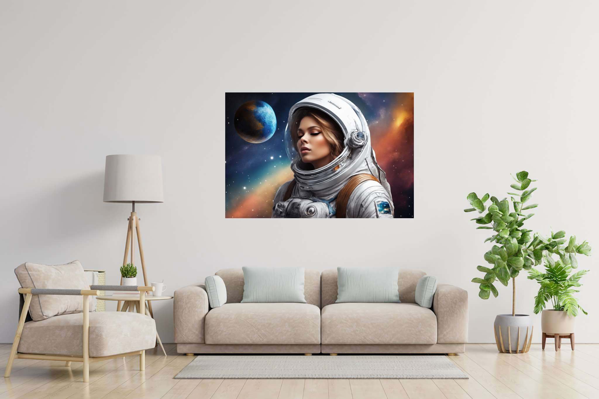 Dreambound voyager: Blonde astronaut art with blonde astronaut paintings, in a room with urban design, gallery-quality artwork, and luxe decor. The art can be printed on poster, framed poster, canvas, metal, acrylic or wood, exclusively at WallArtZen. Find this exact print at https://wallartzen.com/waz204