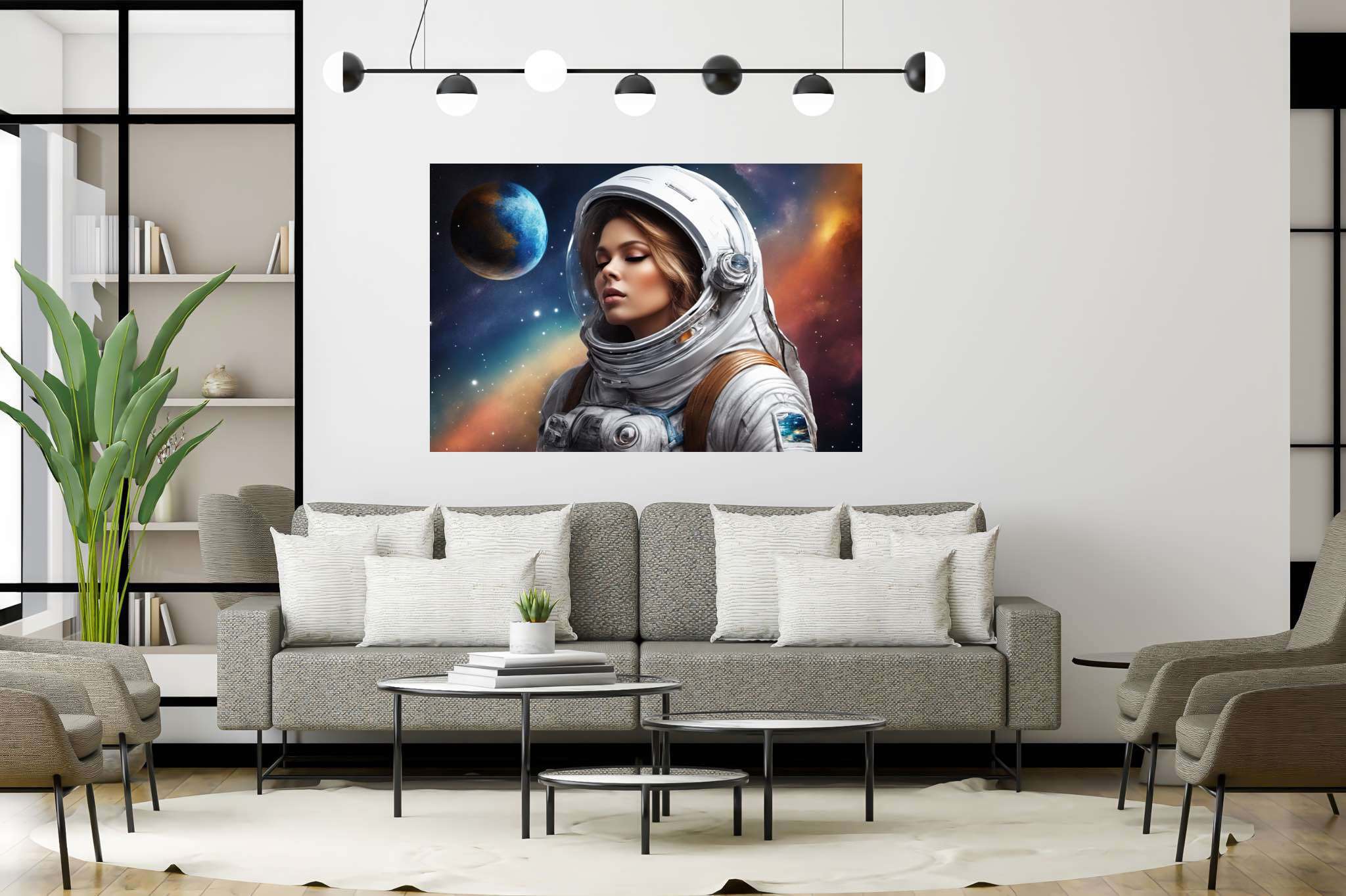 Dreambound voyager: Blonde astronaut art with space exploration, in a room with modern style, canvas prints, and interior decorations. The art can be printed on poster, framed poster, canvas, metal, acrylic or wood, exclusively at WallArtZen. Find this exact print at https://wallartzen.com/waz204
