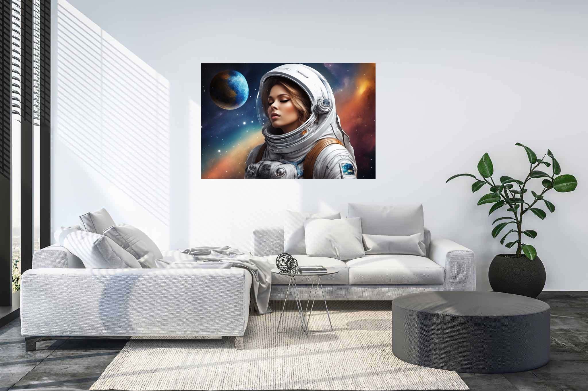 Dreambound voyager: Blonde astronaut art with space exploration, in a room with elegant layout, bespoke art designs, and trendy home accents. The art can be printed on poster, framed poster, canvas, metal, acrylic or wood, exclusively at WallArtZen. Find this exact print at https://wallartzen.com/waz204