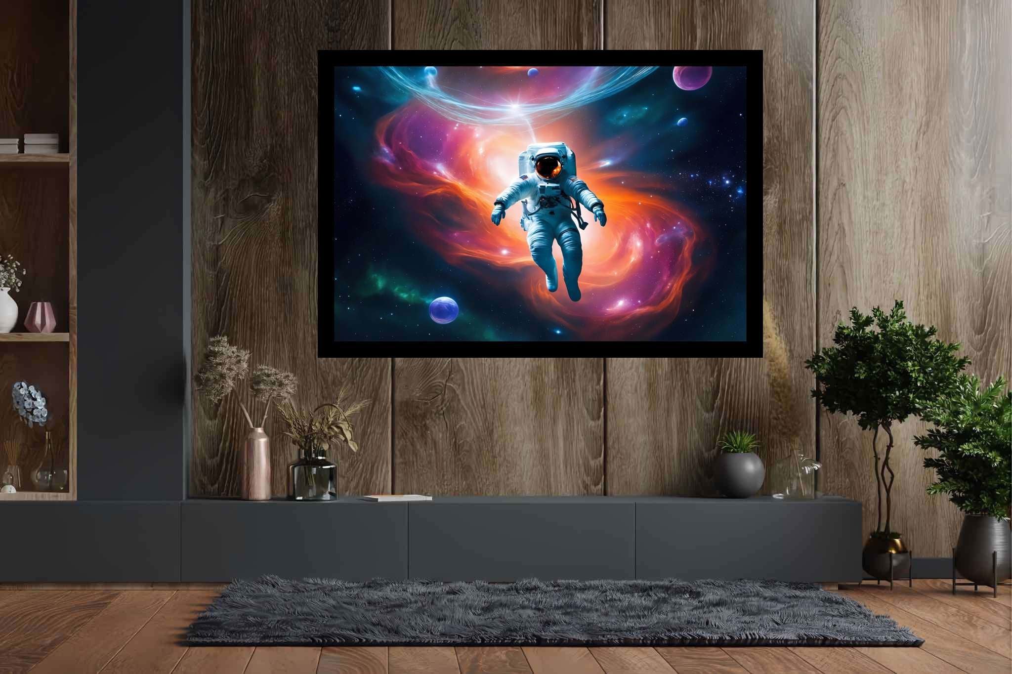 Cosmic caravan serenade: Celestial art with celestial paintings, in a room with contemporary flair, mural artworks, and artisan decor. The art can be printed on poster, framed poster, canvas, metal, acrylic or wood, exclusively at WallArtZen. Find this exact print at https://wallartzen.com/waz205