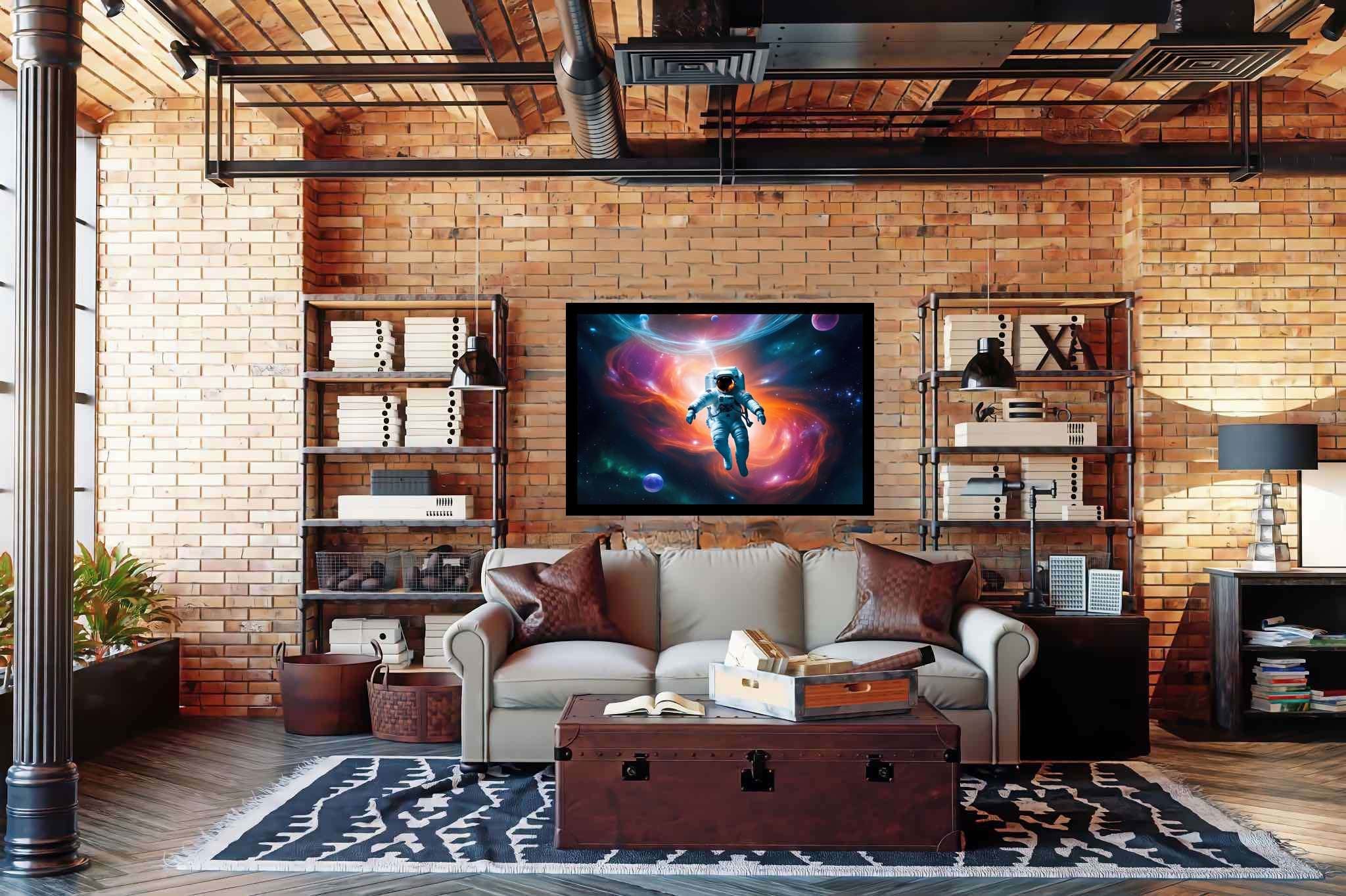 Cosmic caravan serenade: Celestial art with celestial art, in a room with urban design, photographic wall art, and interior decorations. The art can be printed on poster, framed poster, canvas, metal, acrylic or wood, exclusively at WallArtZen. Find this exact print at https://wallartzen.com/waz205