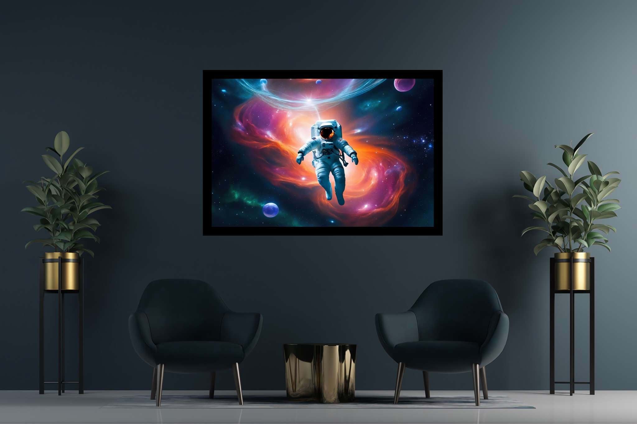 Cosmic caravan serenade: Celestial art with stars, in a room with contemporary flair, digital art pieces, and interior decorations. The art can be printed on poster, framed poster, canvas, metal, acrylic or wood, exclusively at WallArtZen. Find this exact print at https://wallartzen.com/waz205