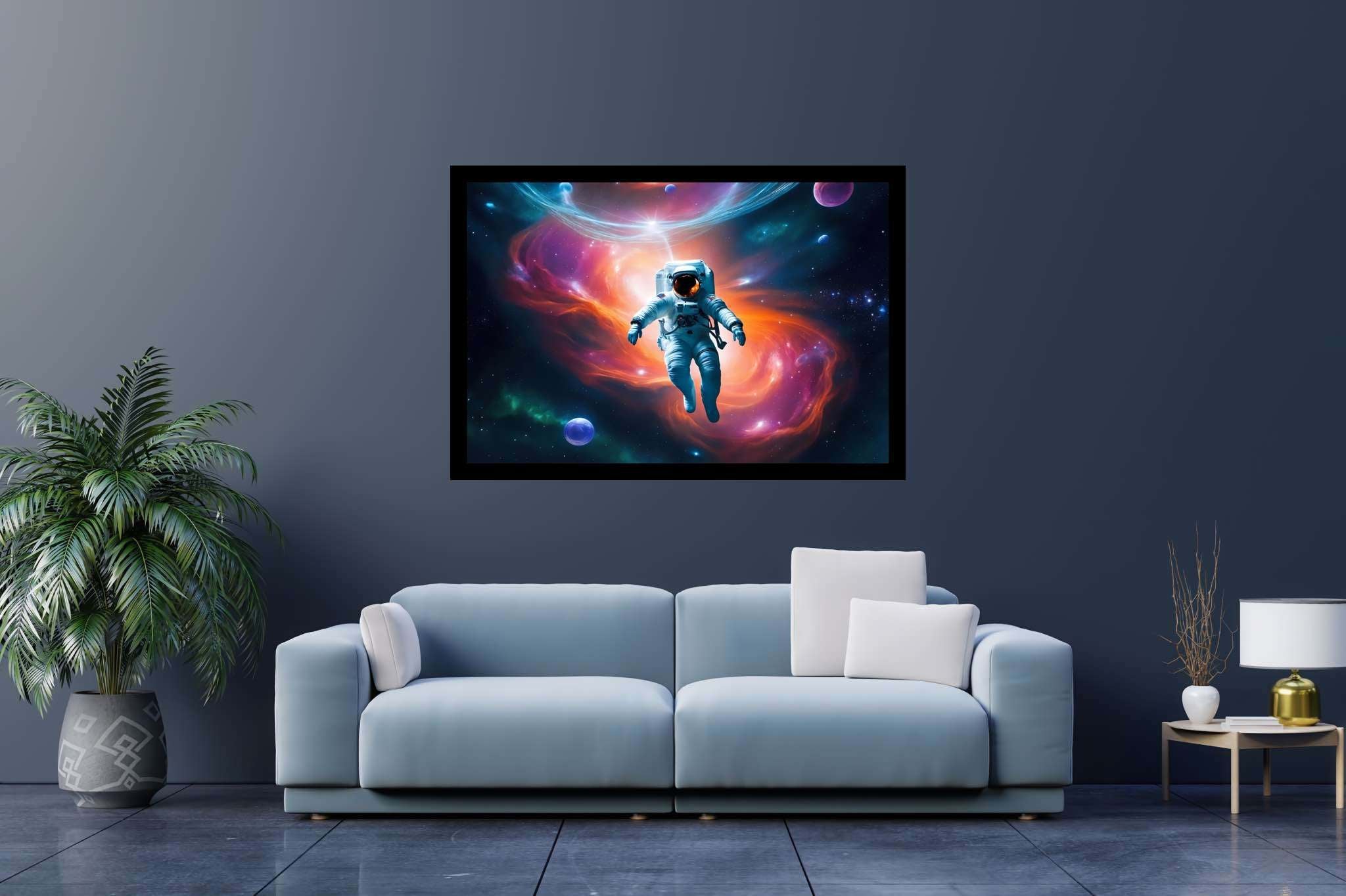 Cosmic caravan serenade: Celestial art with galaxies, in a room with elegant layout, digital art pieces, and home furnishings. The art can be printed on poster, framed poster, canvas, metal, acrylic or wood, exclusively at WallArtZen. Find this exact print at https://wallartzen.com/waz205