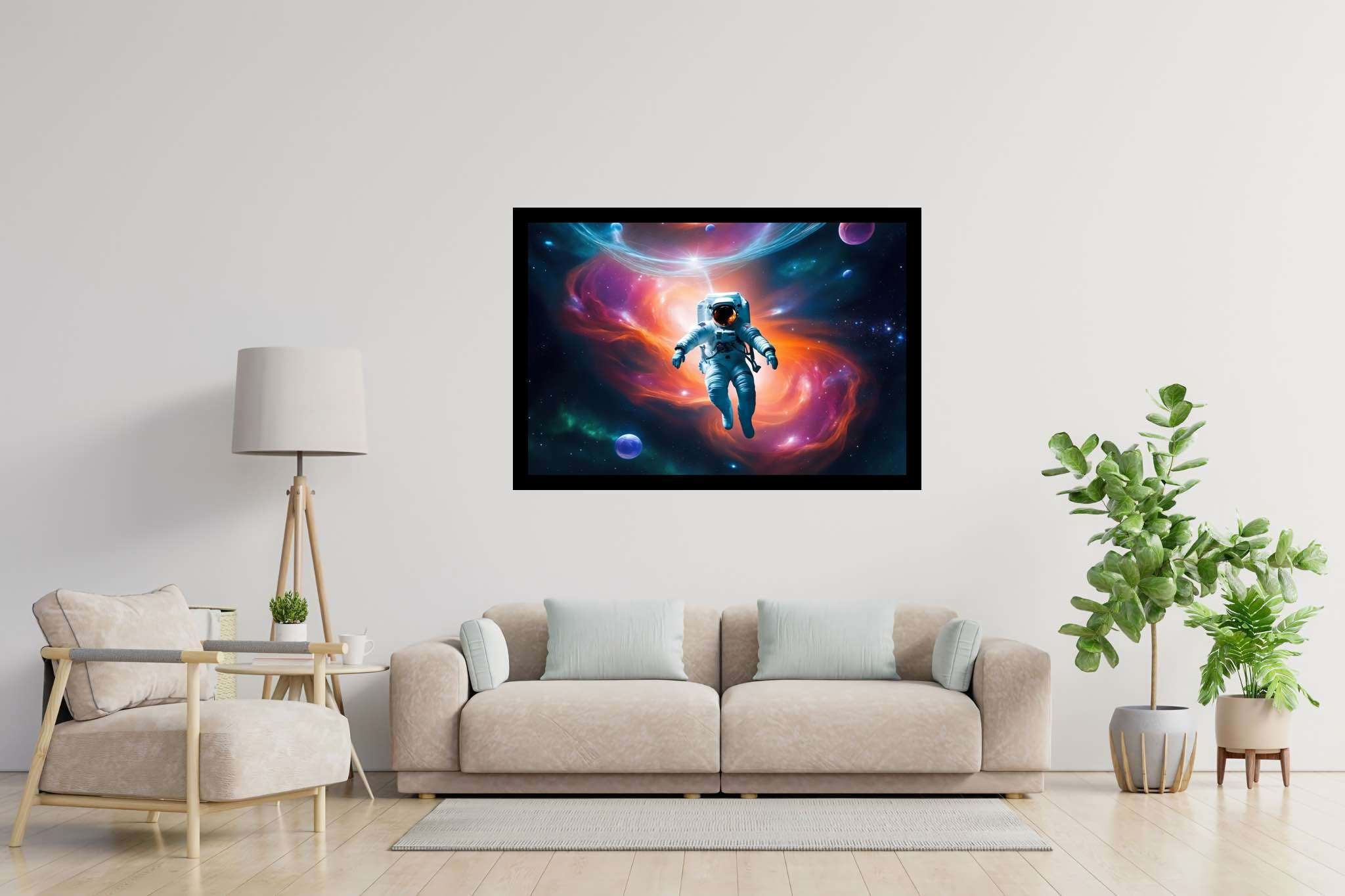 Cosmic caravan serenade: Celestial art with celestial paintings, in a room with contemporary flair, wall art, and luxe decor. The art can be printed on poster, framed poster, canvas, metal, acrylic or wood, exclusively at WallArtZen. Find this exact print at https://wallartzen.com/waz205