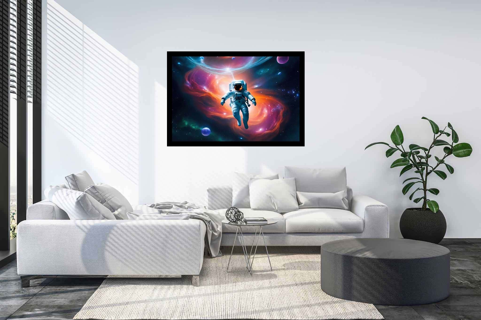 Cosmic caravan serenade: Celestial art with universe, in a room with urban design, fine art prints, and luxe decor. The art can be printed on poster, framed poster, canvas, metal, acrylic or wood, exclusively at WallArtZen. Find this exact print at https://wallartzen.com/waz205