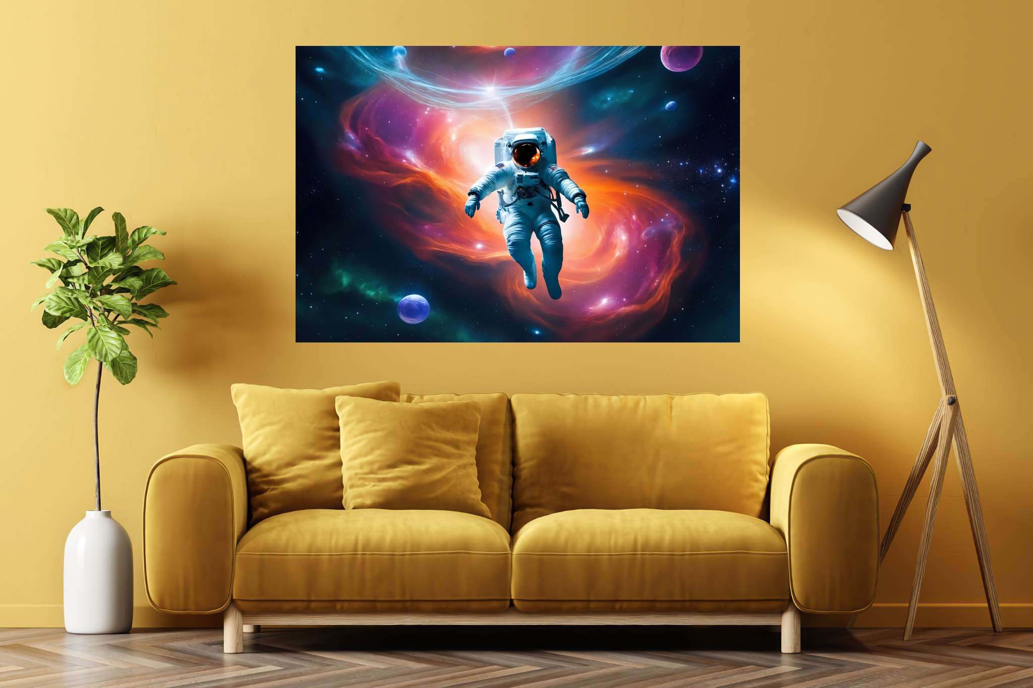 Cosmic caravan serenade: Celestial art with sky, in a room with innovative layout, wall hangings, and elegant home goods. The art can be printed on poster, framed poster, canvas, metal, acrylic or wood, exclusively at WallArtZen. Find this exact print at https://wallartzen.com/waz205