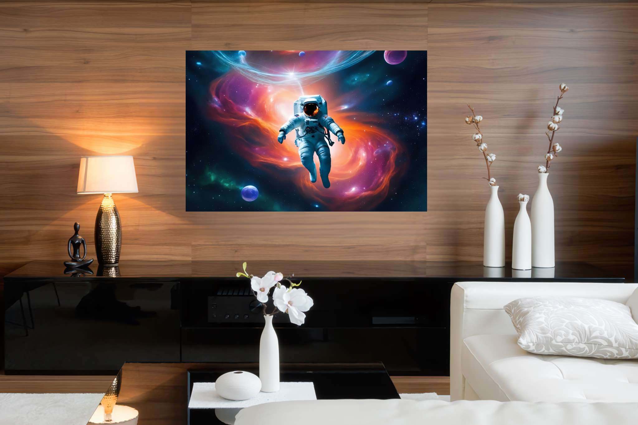 Cosmic caravan serenade: Celestial art with celestial art, in a room with innovative layout, abstract paintings, and home furnishings. The art can be printed on poster, framed poster, canvas, metal, acrylic or wood, exclusively at WallArtZen. Find this exact print at https://wallartzen.com/waz205