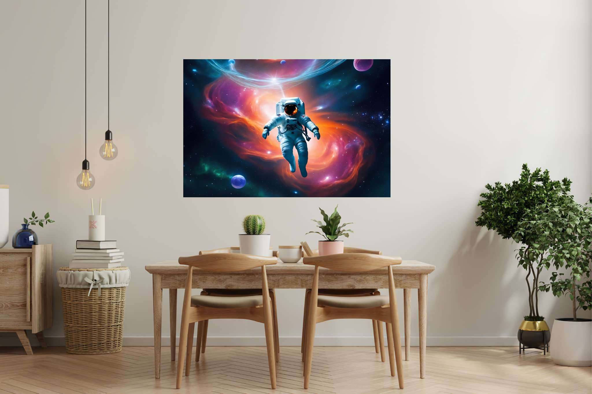 Cosmic caravan serenade: Celestial art with celestial-inspired, in a room with contemporary flair, wall art, and elegant home goods. The art can be printed on poster, framed poster, canvas, metal, acrylic or wood, exclusively at WallArtZen. Find this exact print at https://wallartzen.com/waz205