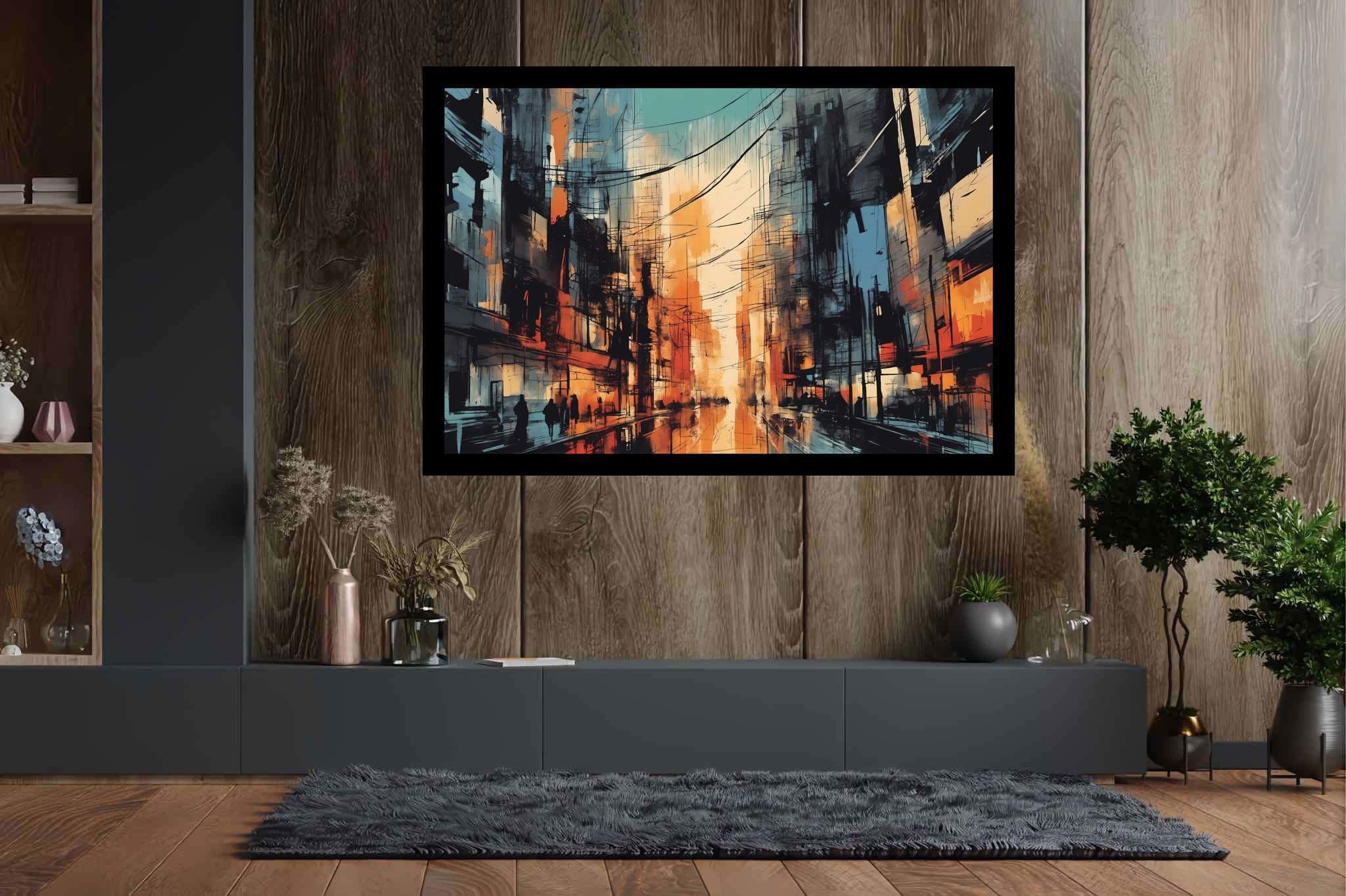 Chroma nocturne dreamscape: Surreal cityscape art with visionary architectural art, in a room with elegant layout, bespoke art designs, and elegant home goods. The art can be printed on poster, framed poster, canvas, metal, acrylic or wood, exclusively at WallArtZen. Find this exact print at https://wallartzen.com/waz206