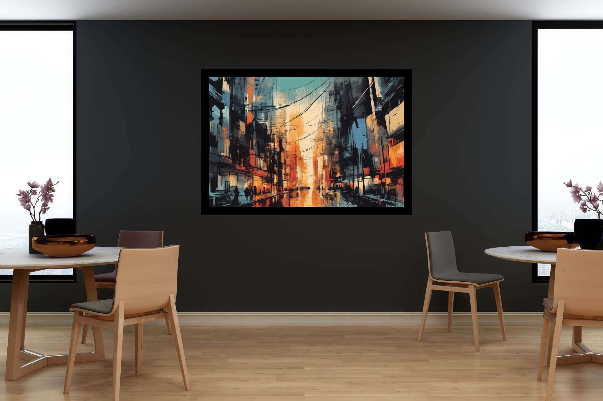 Chroma nocturne dreamscape: Surreal cityscape art with fantastical city art, in a room with classic elegance, abstract paintings, and artisan decor. The art can be printed on poster, framed poster, canvas, metal, acrylic or wood, exclusively at WallArtZen. Find this exact print at https://wallartzen.com/waz206